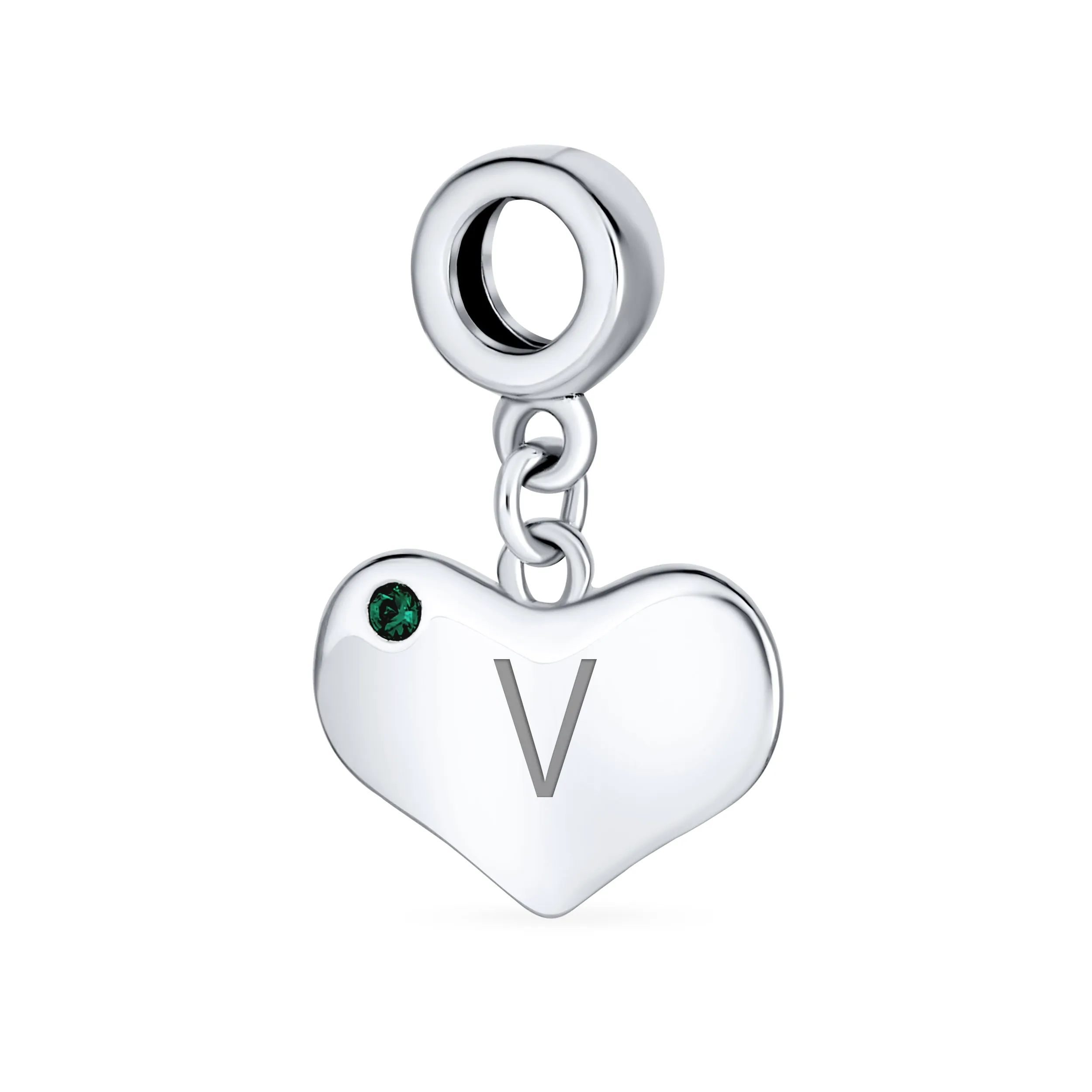Emerald Green Crystal Accent Heart Shaped Dangle Bead Charm .925 Silver