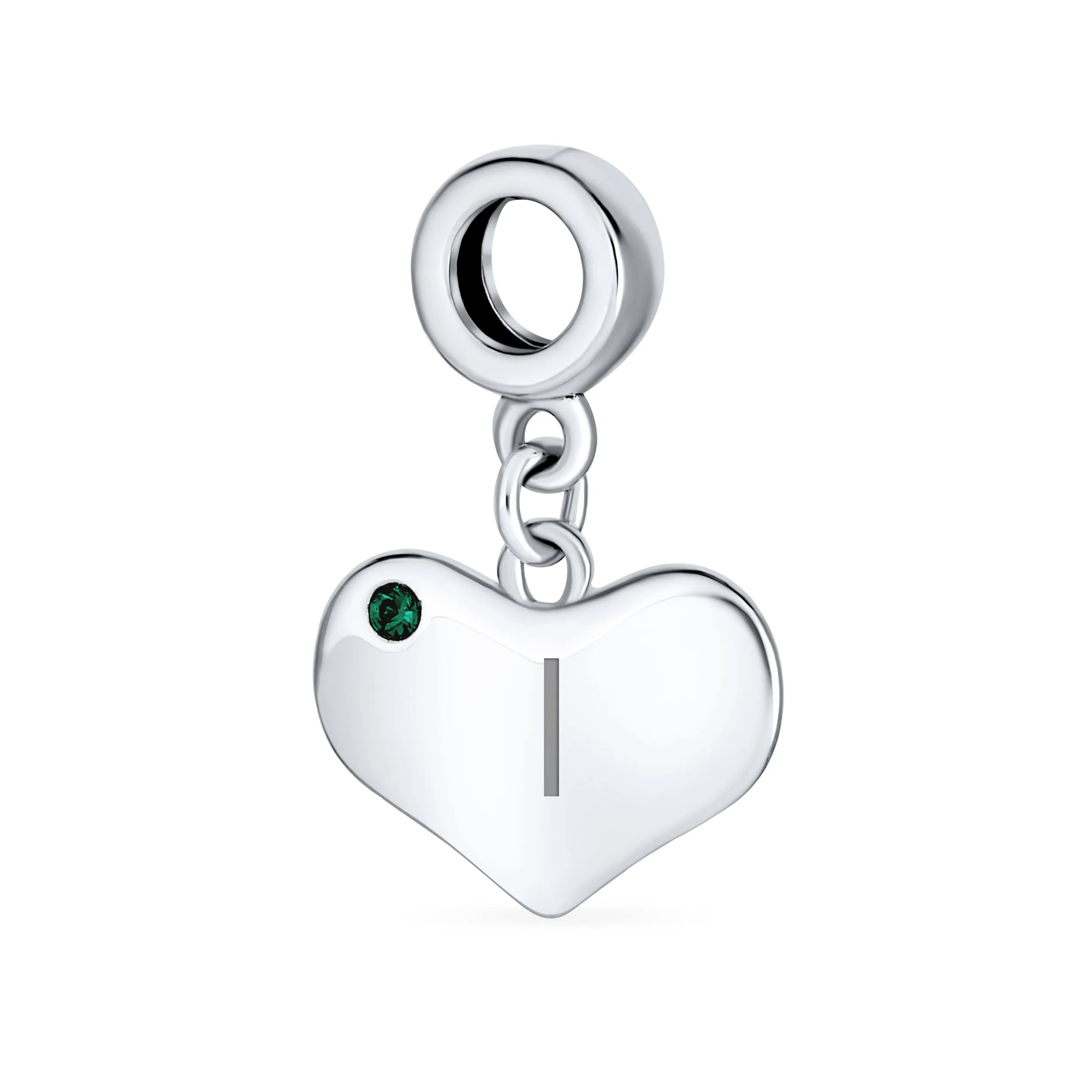 Emerald Green Crystal Accent Heart Shaped Dangle Bead Charm .925 Silver