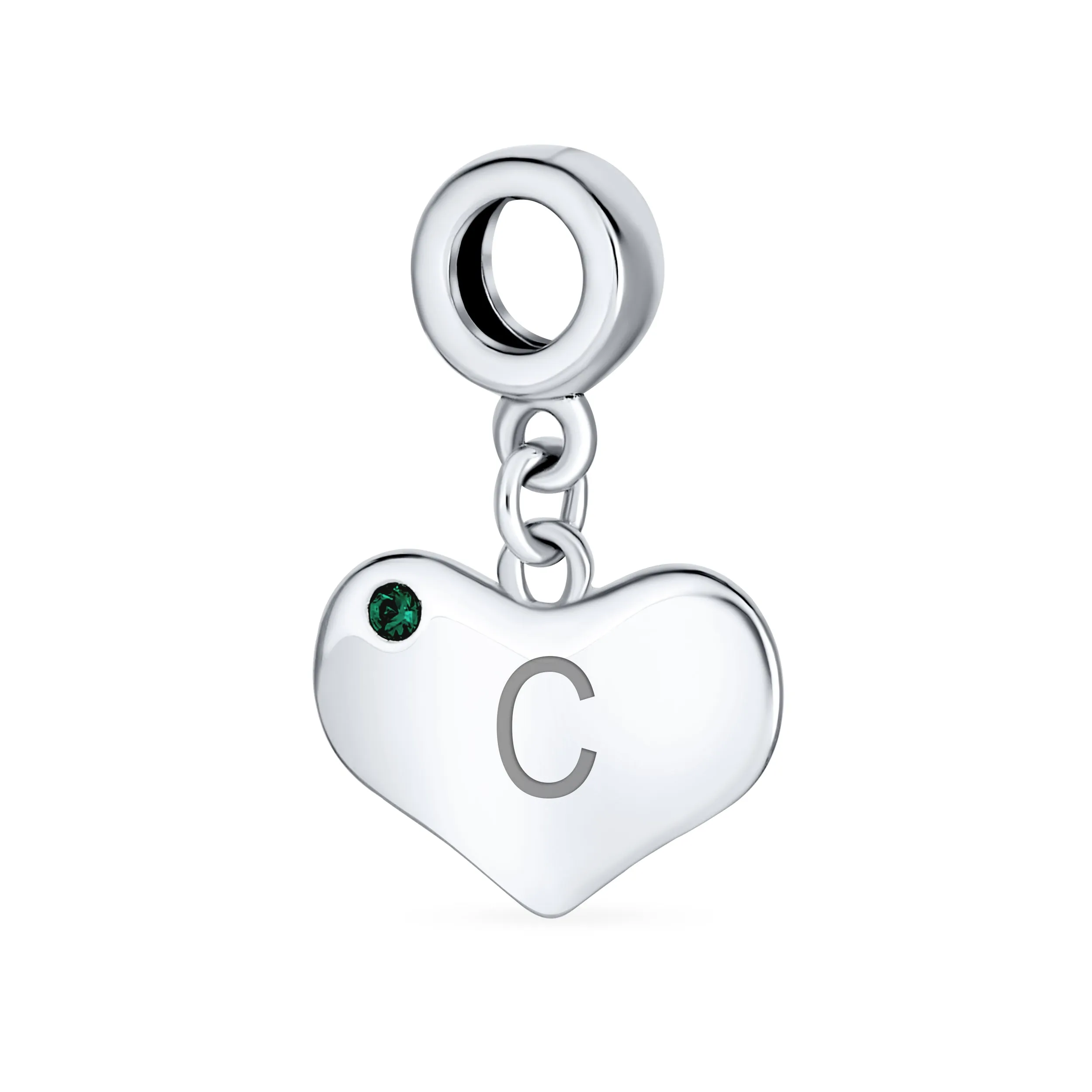 Emerald Green Crystal Accent Heart Shaped Dangle Bead Charm .925 Silver