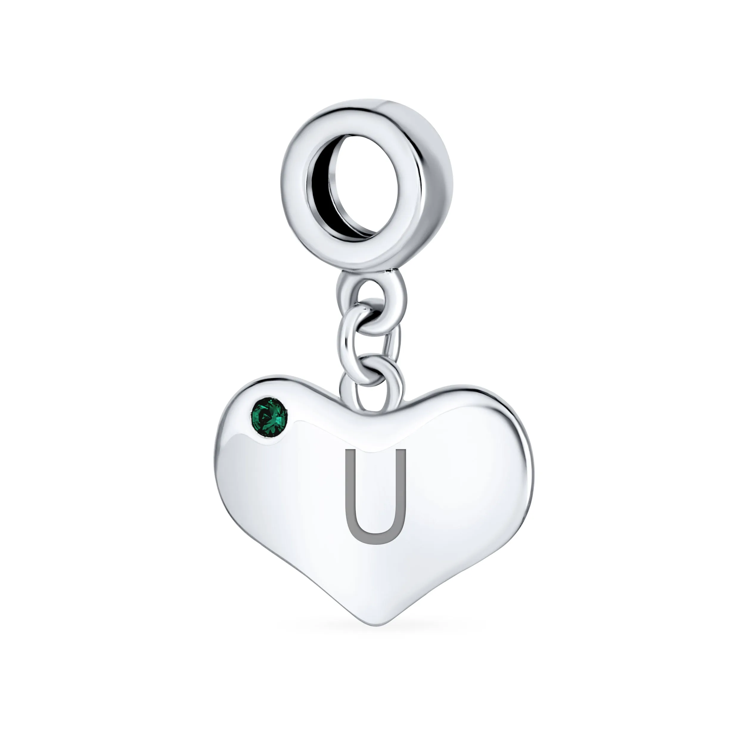 Emerald Green Crystal Accent Heart Shaped Dangle Bead Charm .925 Silver