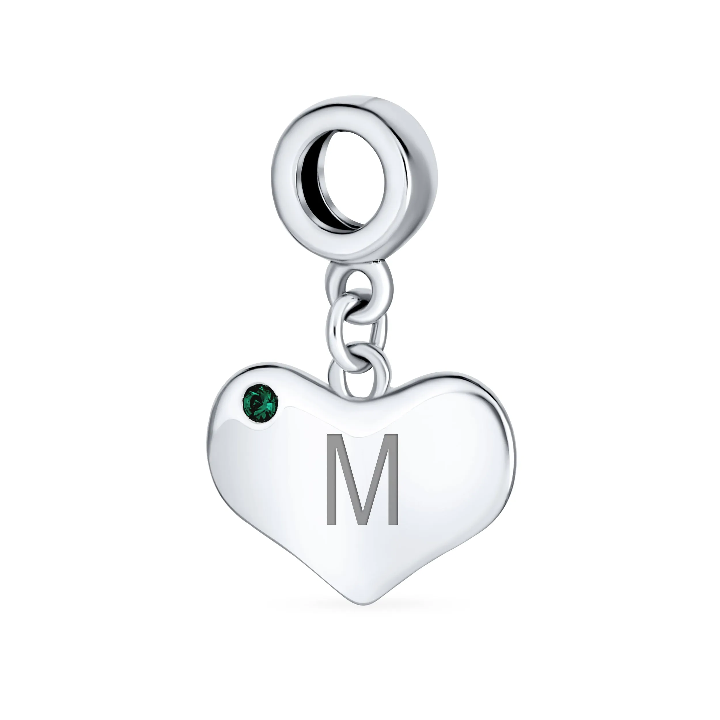 Emerald Green Crystal Accent Heart Shaped Dangle Bead Charm .925 Silver