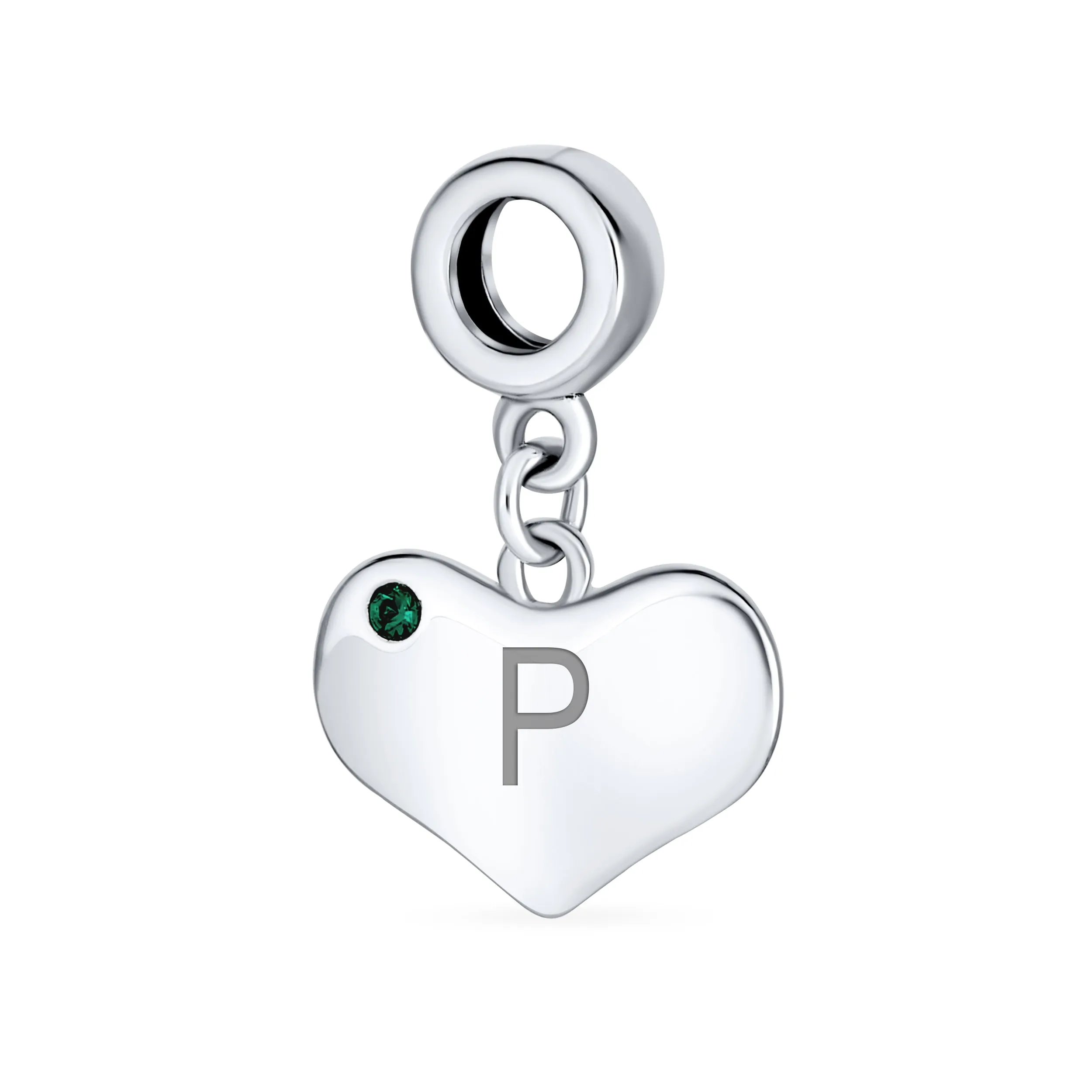 Emerald Green Crystal Accent Heart Shaped Dangle Bead Charm .925 Silver