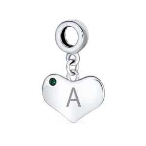 Emerald Green Crystal Accent Heart Shaped Dangle Bead Charm .925 Silver