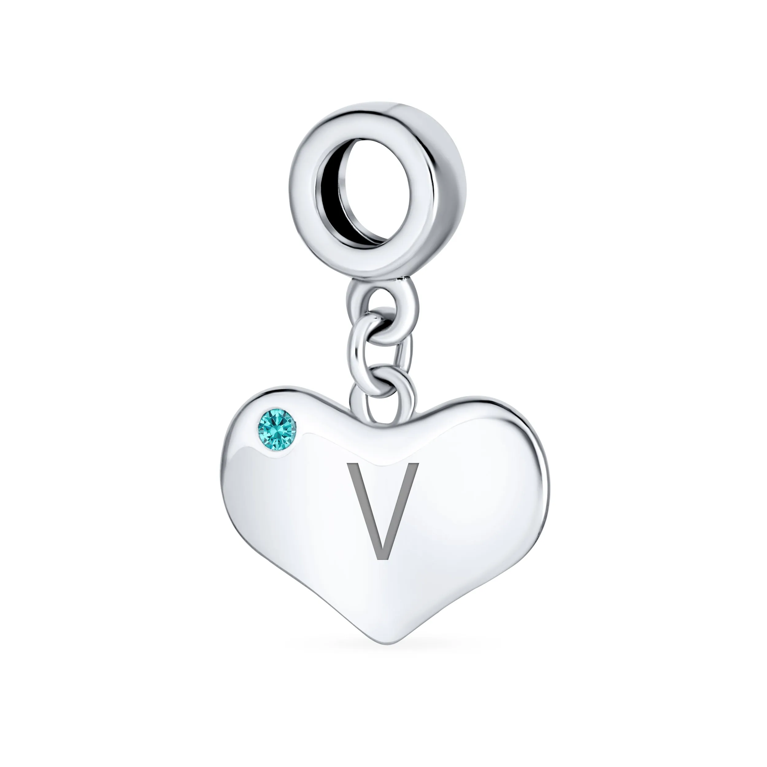 Engravable Aqua Blue Crystal Heart Charm Bead .925 Sterling Silver