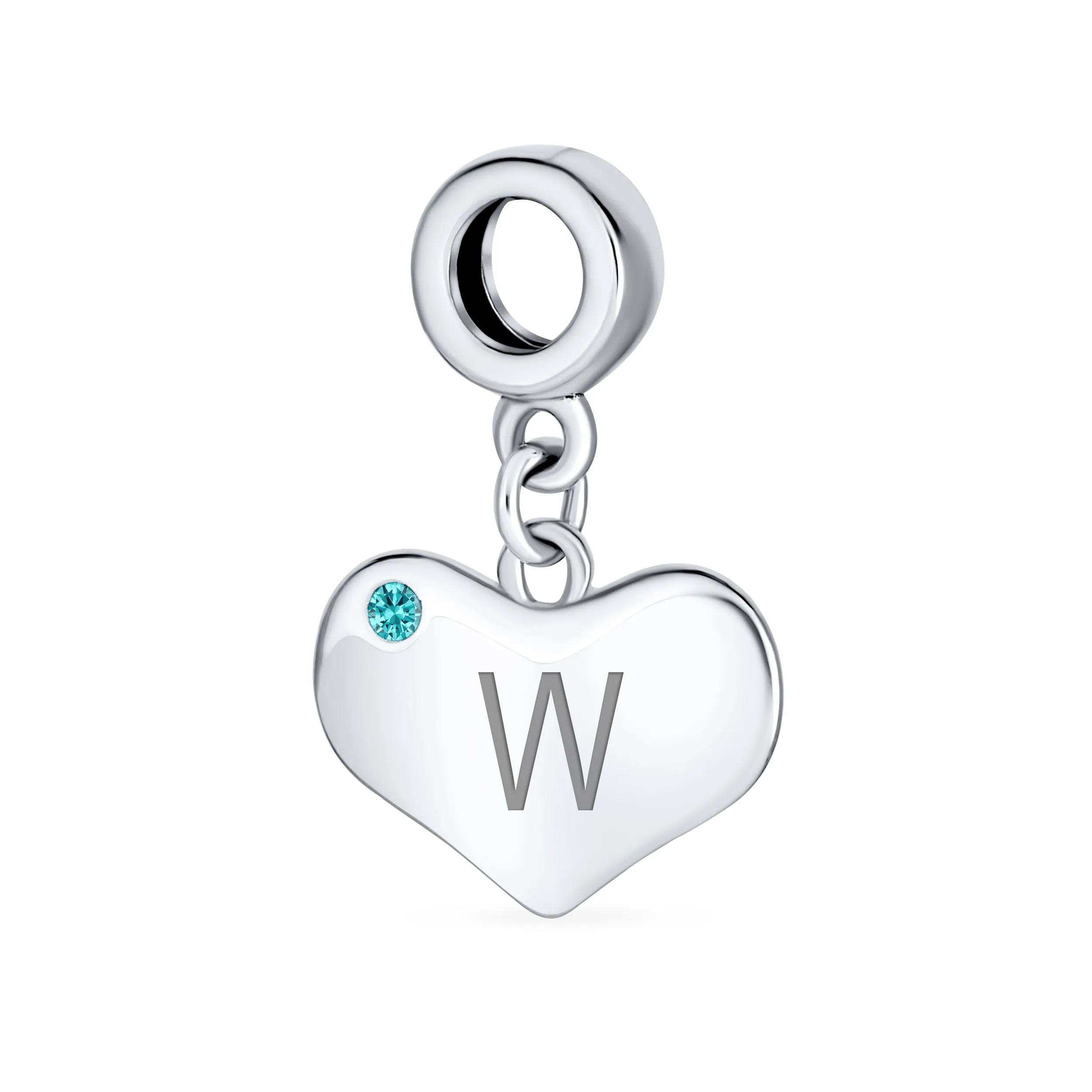 Engravable Aqua Blue Crystal Heart Charm Bead .925 Sterling Silver
