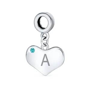 Engravable Aqua Blue Crystal Heart Charm Bead .925 Sterling Silver
