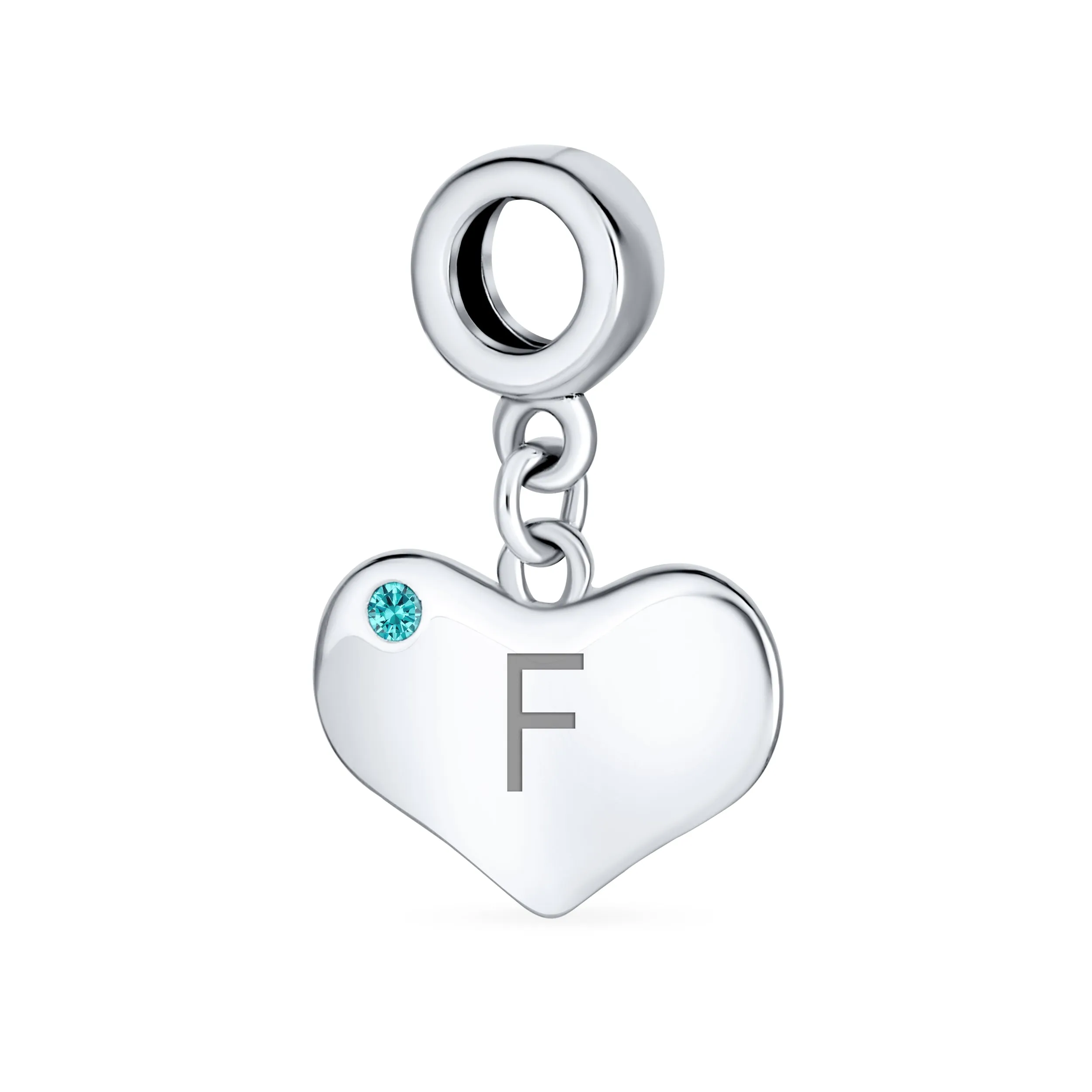 Engravable Aqua Blue Crystal Heart Charm Bead .925 Sterling Silver