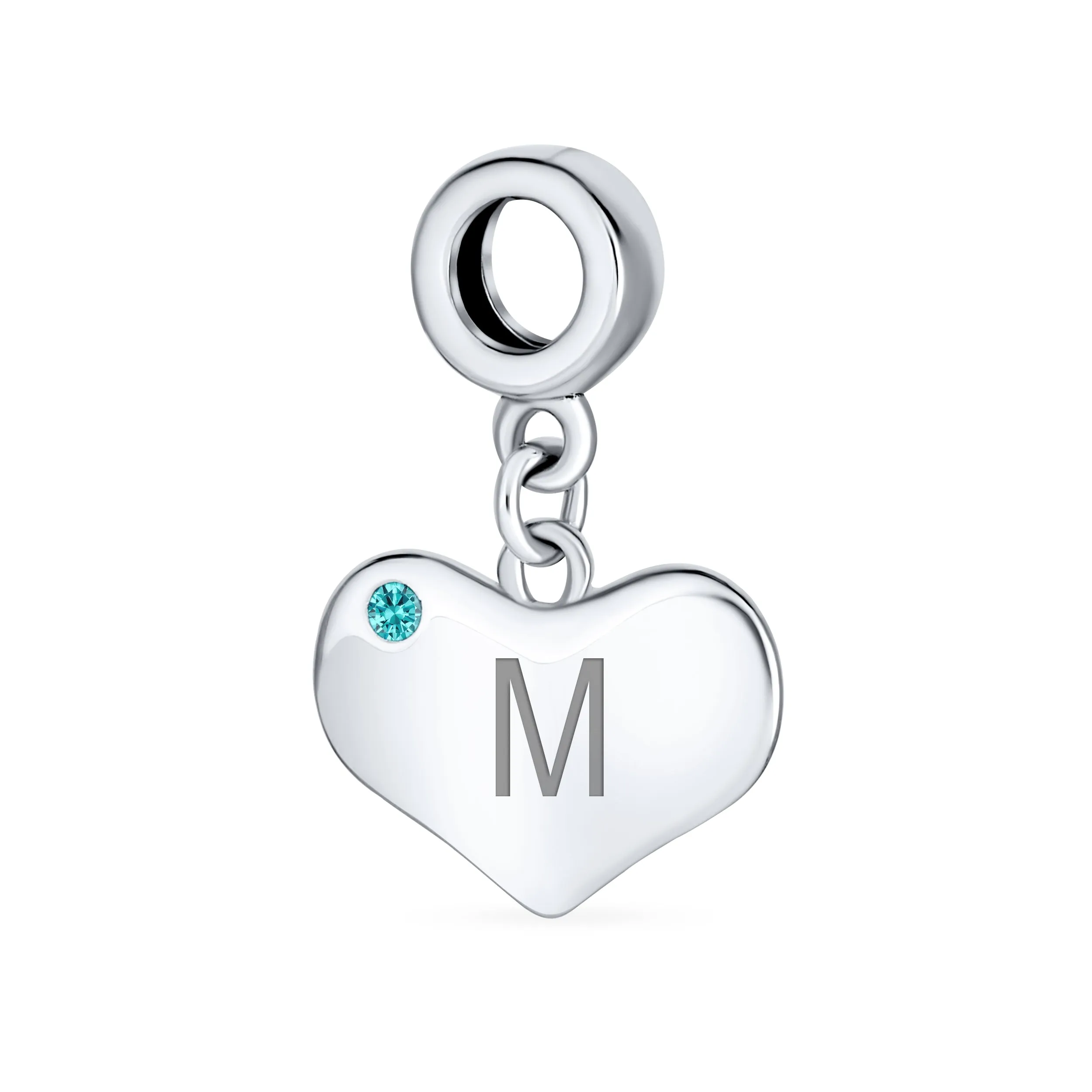 Engravable Aqua Blue Crystal Heart Charm Bead .925 Sterling Silver