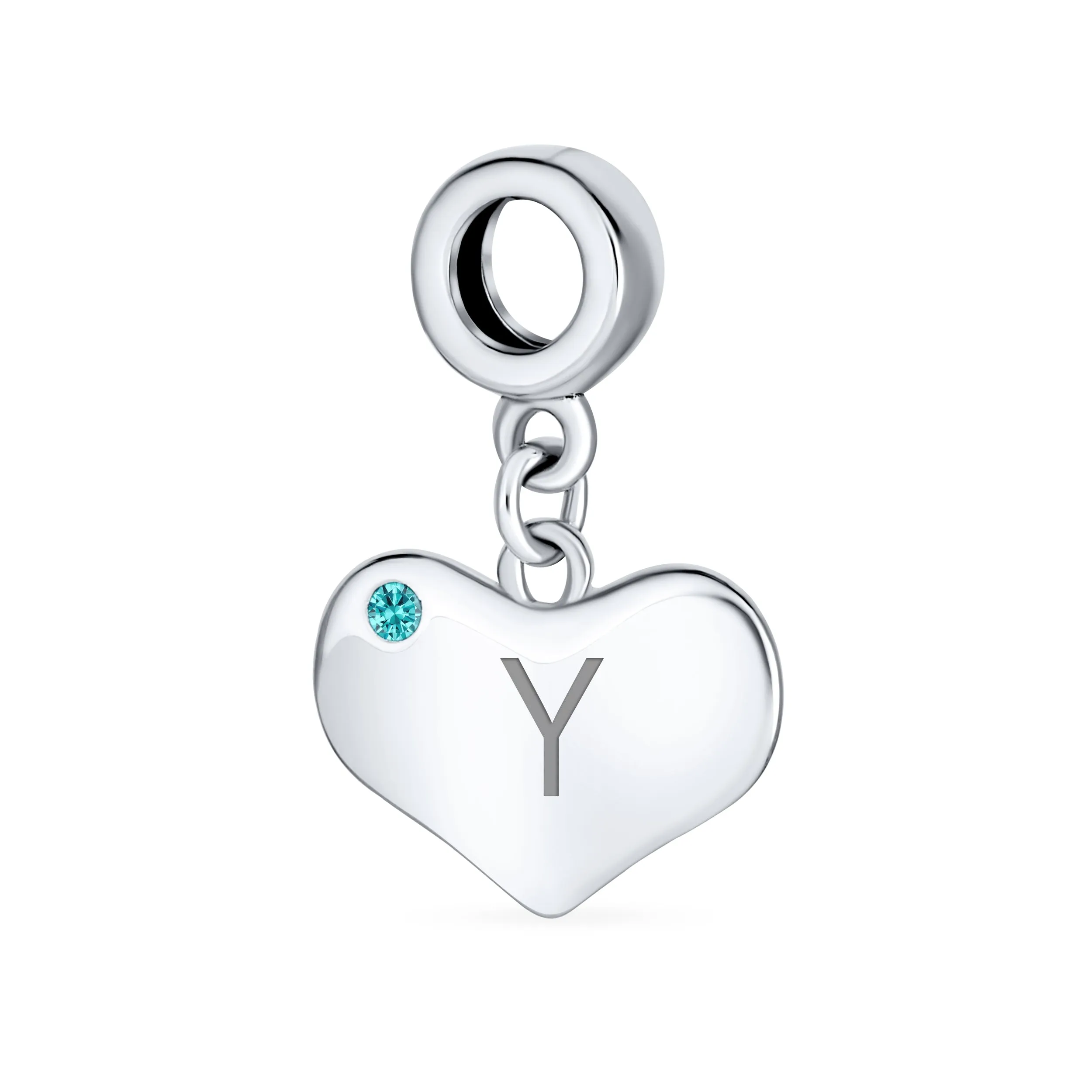 Engravable Aqua Blue Crystal Heart Charm Bead .925 Sterling Silver