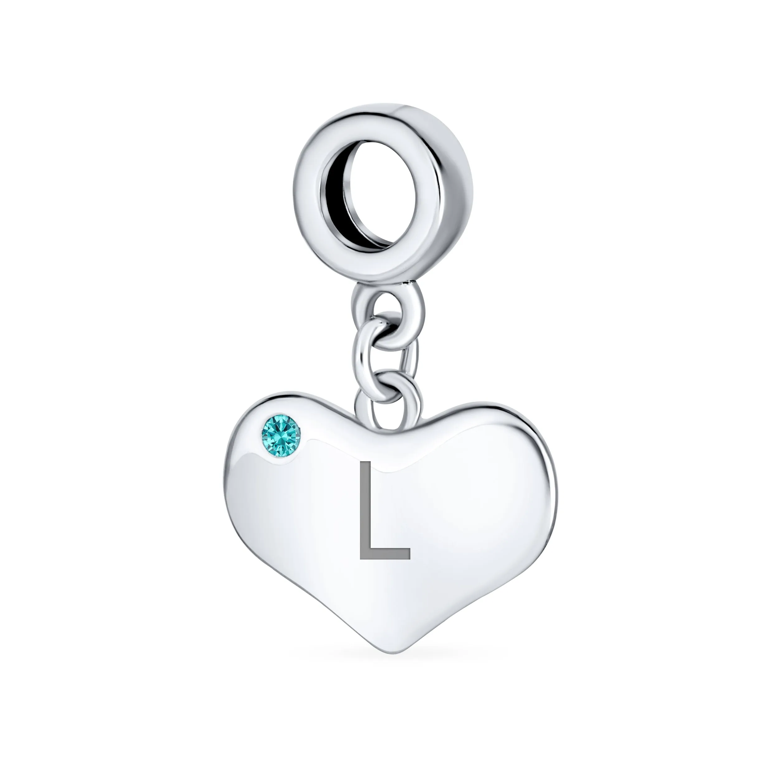 Engravable Aqua Blue Crystal Heart Charm Bead .925 Sterling Silver