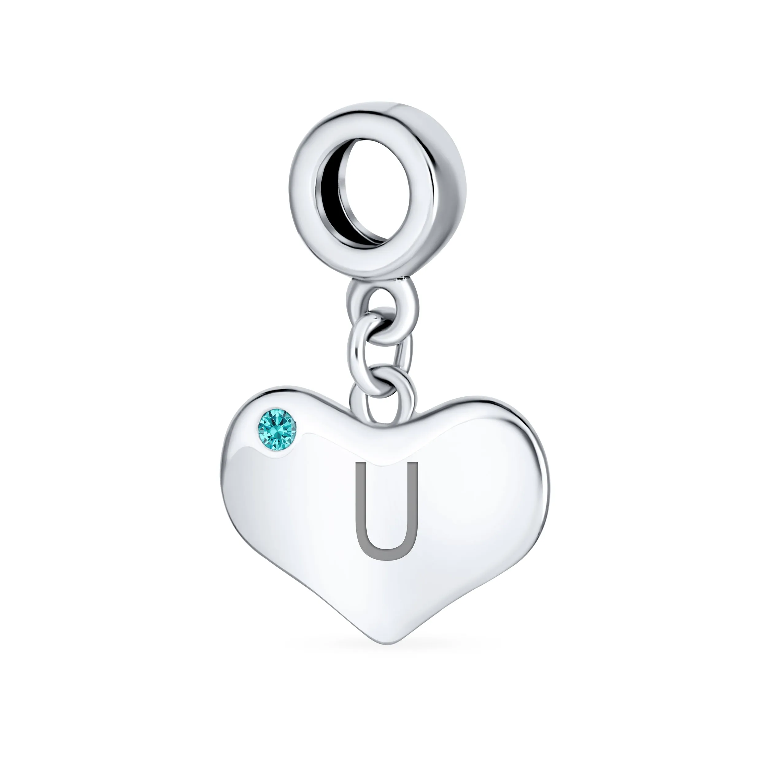 Engravable Aqua Blue Crystal Heart Charm Bead .925 Sterling Silver