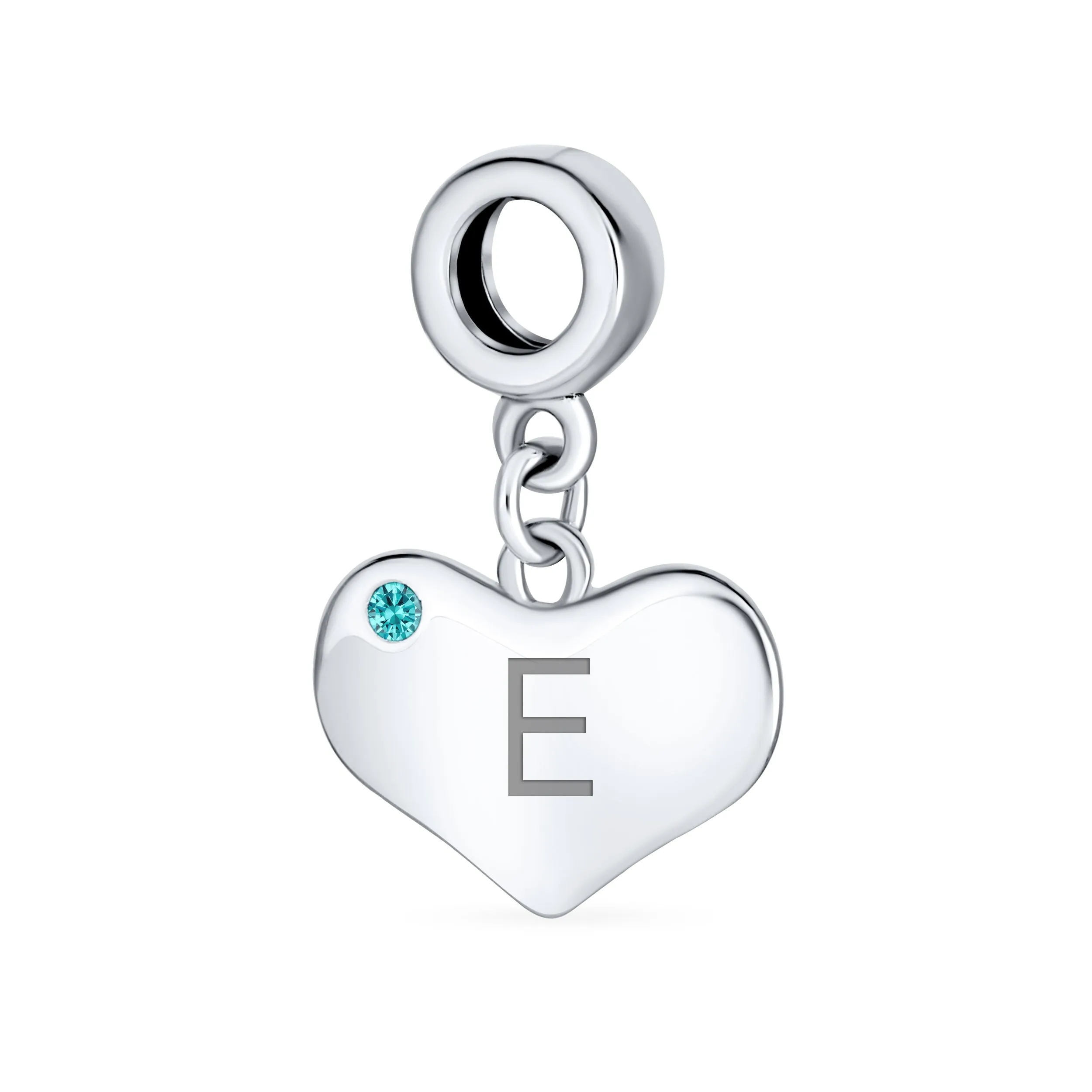 Engravable Aqua Blue Crystal Heart Charm Bead .925 Sterling Silver
