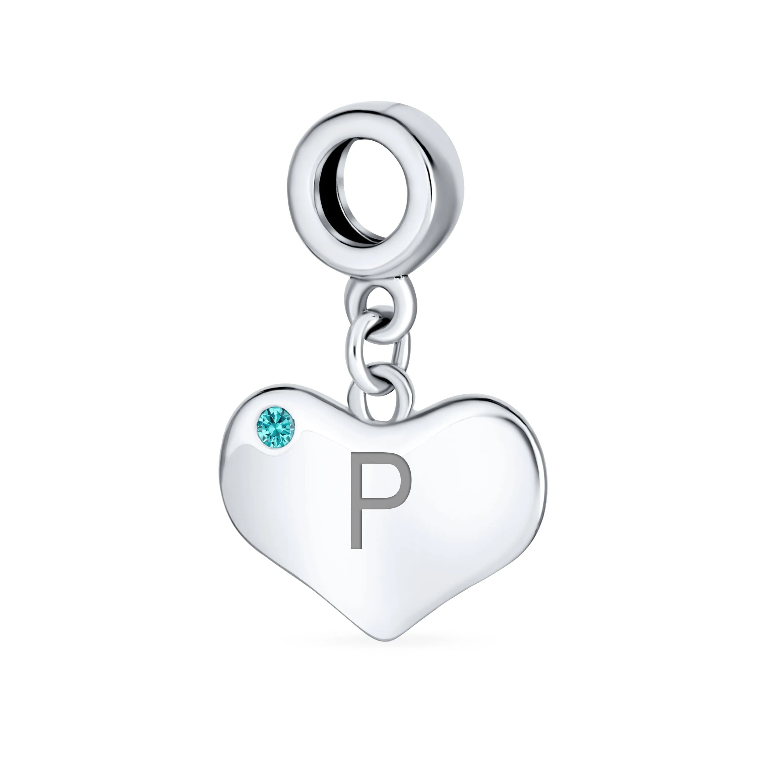 Engravable Aqua Blue Crystal Heart Charm Bead .925 Sterling Silver