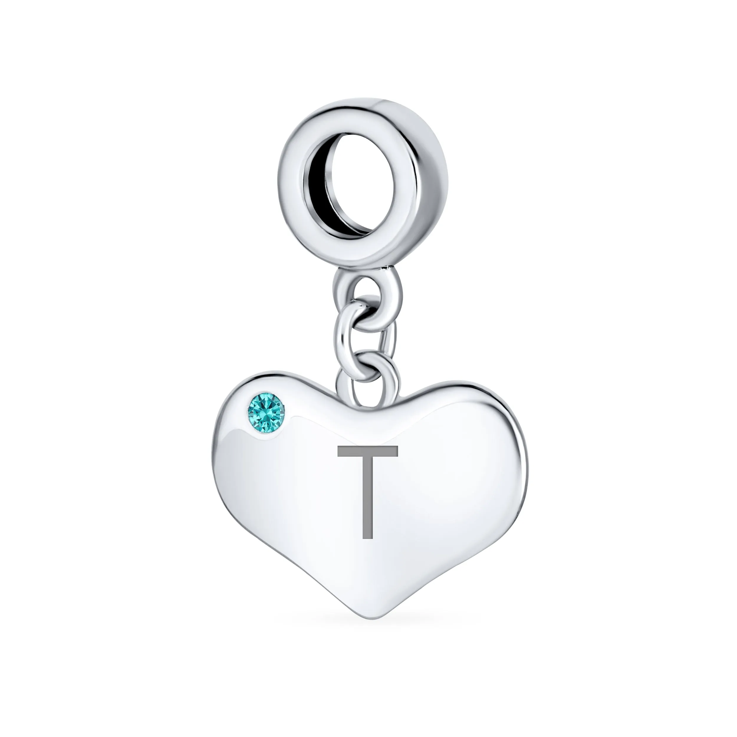 Engravable Aqua Blue Crystal Heart Charm Bead .925 Sterling Silver