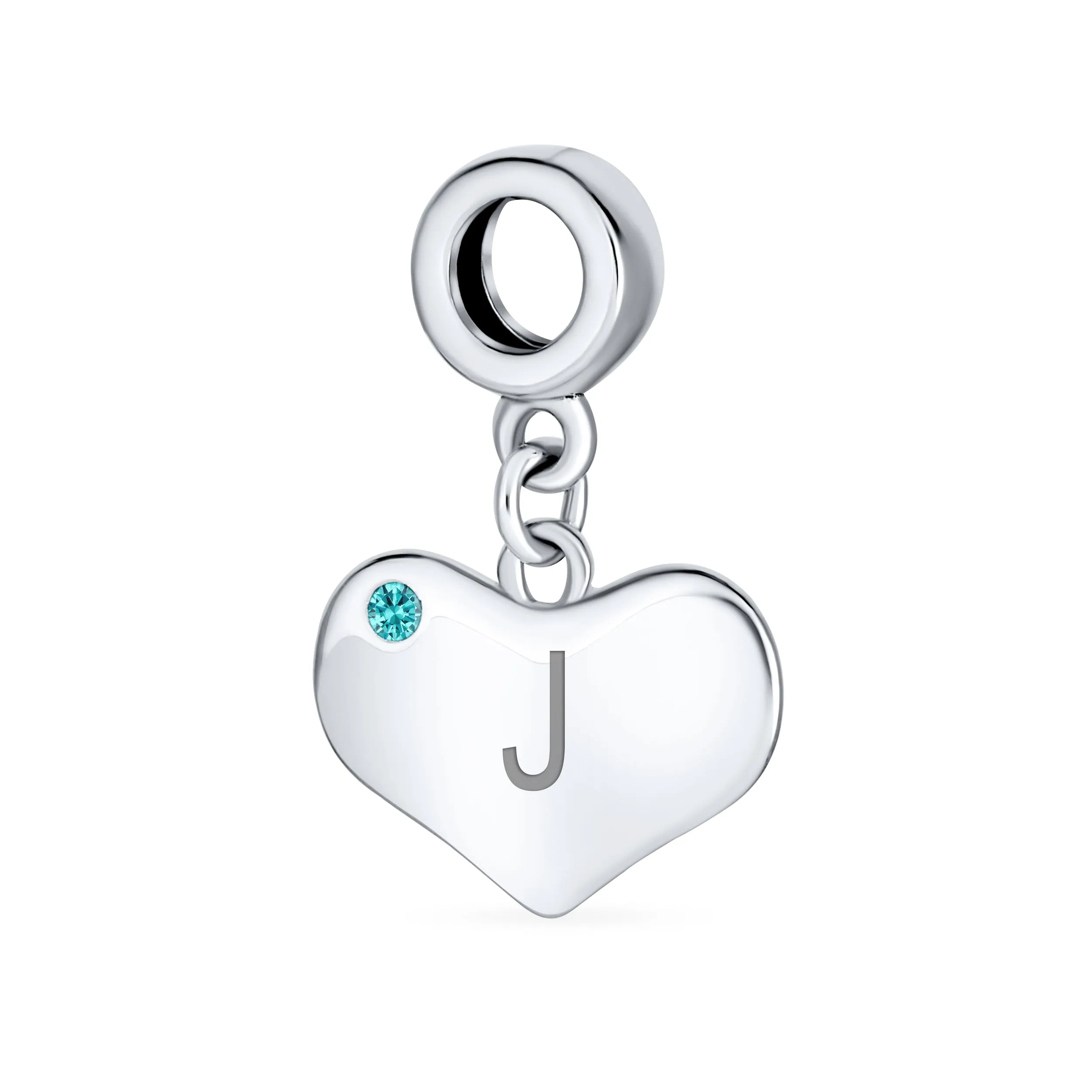 Engravable Aqua Blue Crystal Heart Charm Bead .925 Sterling Silver