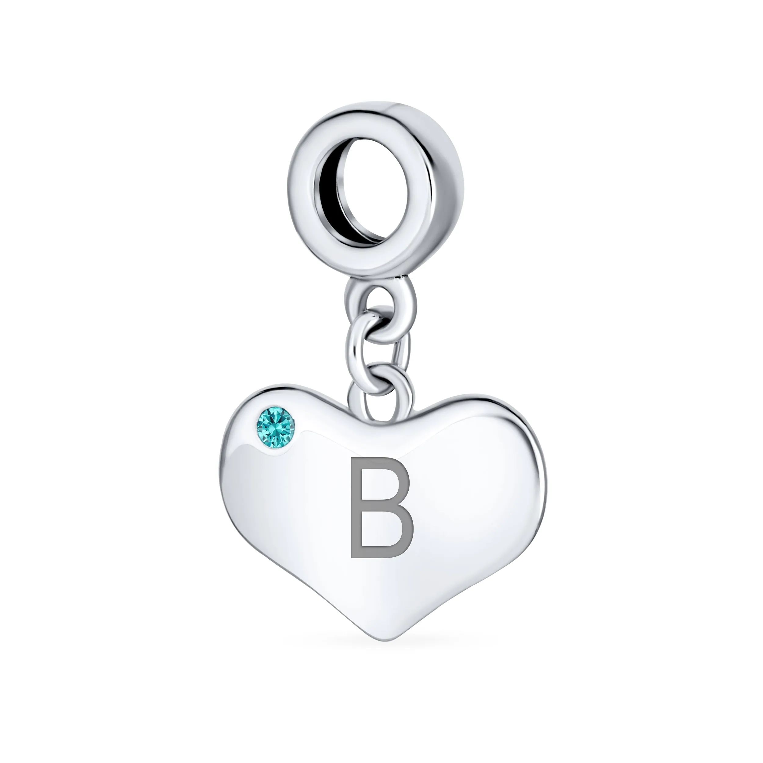 Engravable Aqua Blue Crystal Heart Charm Bead .925 Sterling Silver