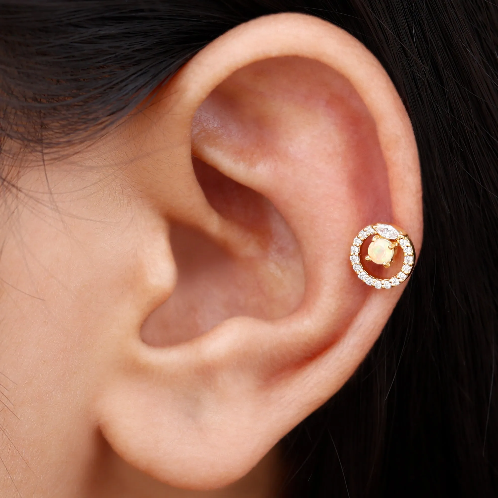 Ethiopian Opal and Moissanite Circle Cartilage Earring in Gold