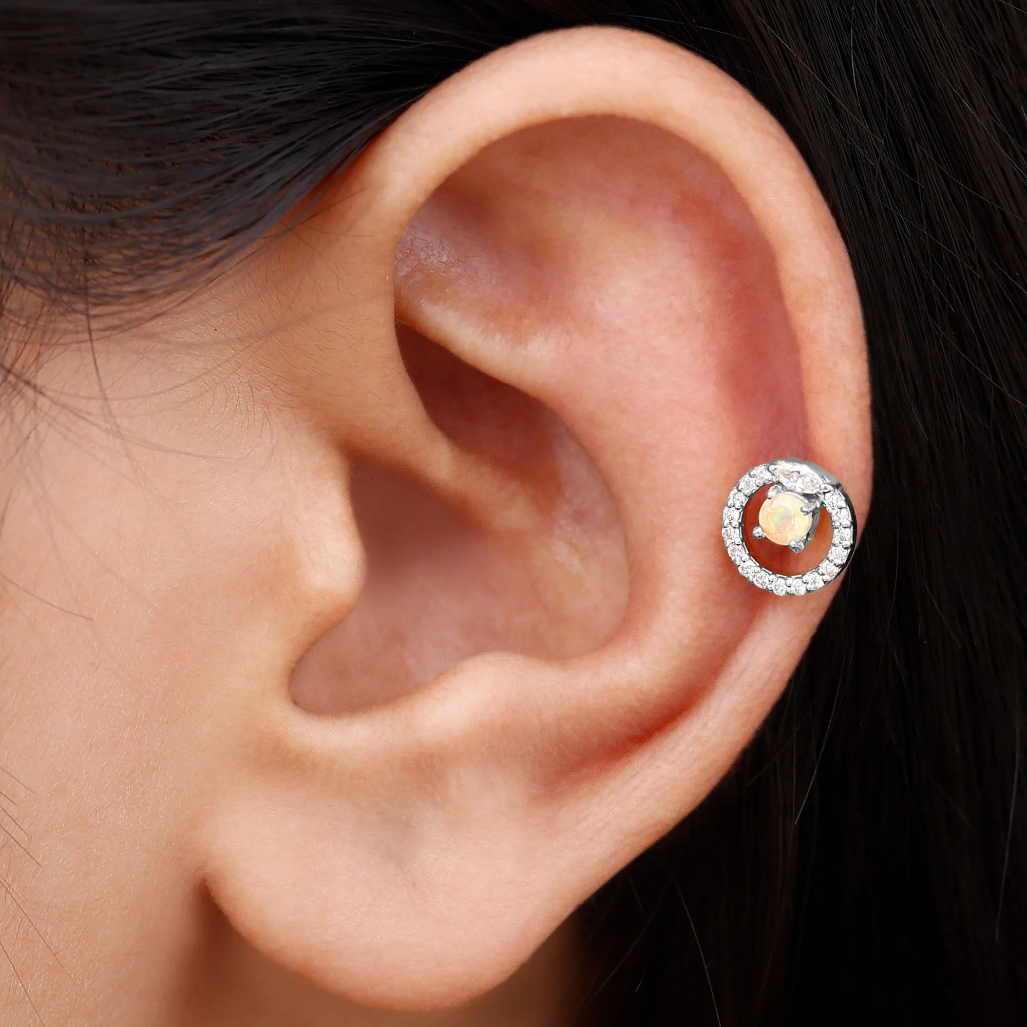 Ethiopian Opal and Moissanite Circle Cartilage Earring in Gold