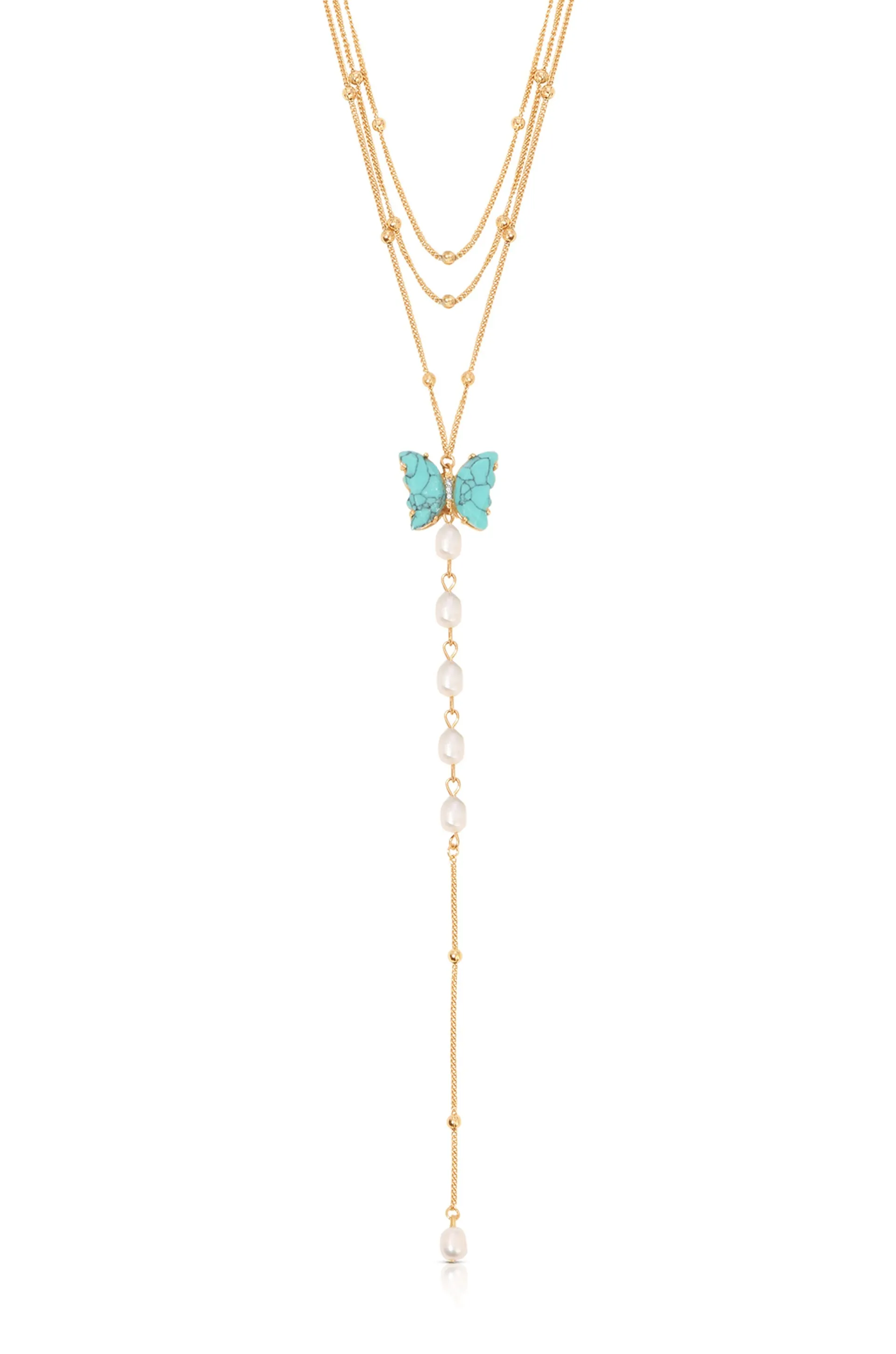 Ettika: Turquoise Butterfly Pearl Chain Lariat Necklace