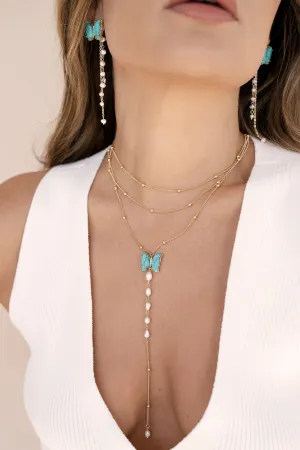 Ettika: Turquoise Butterfly Pearl Chain Lariat Necklace
