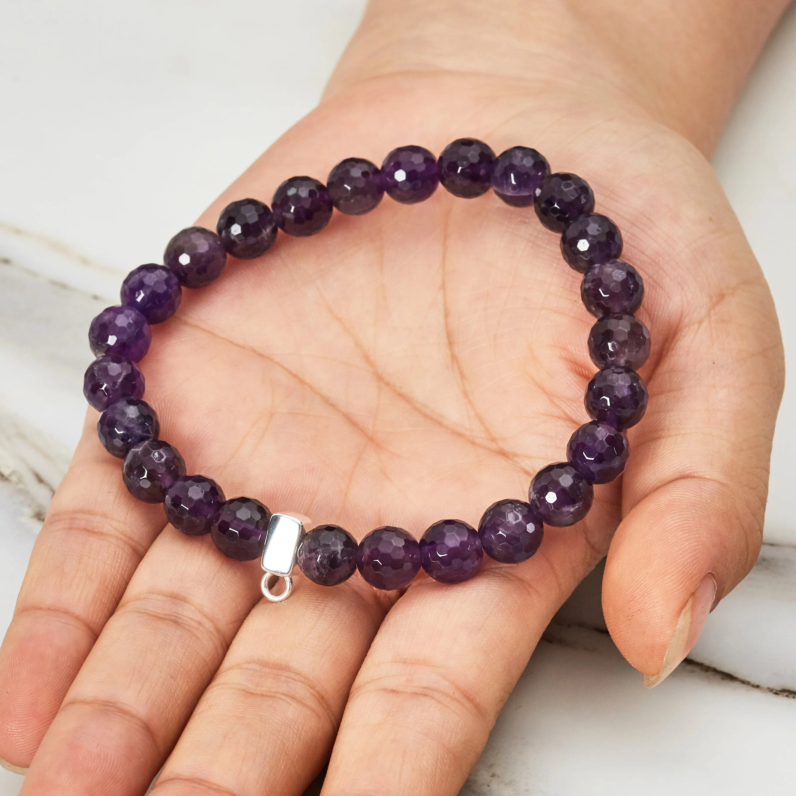 Faceted Amethyst Gemstone Charm Stretch Bracelet