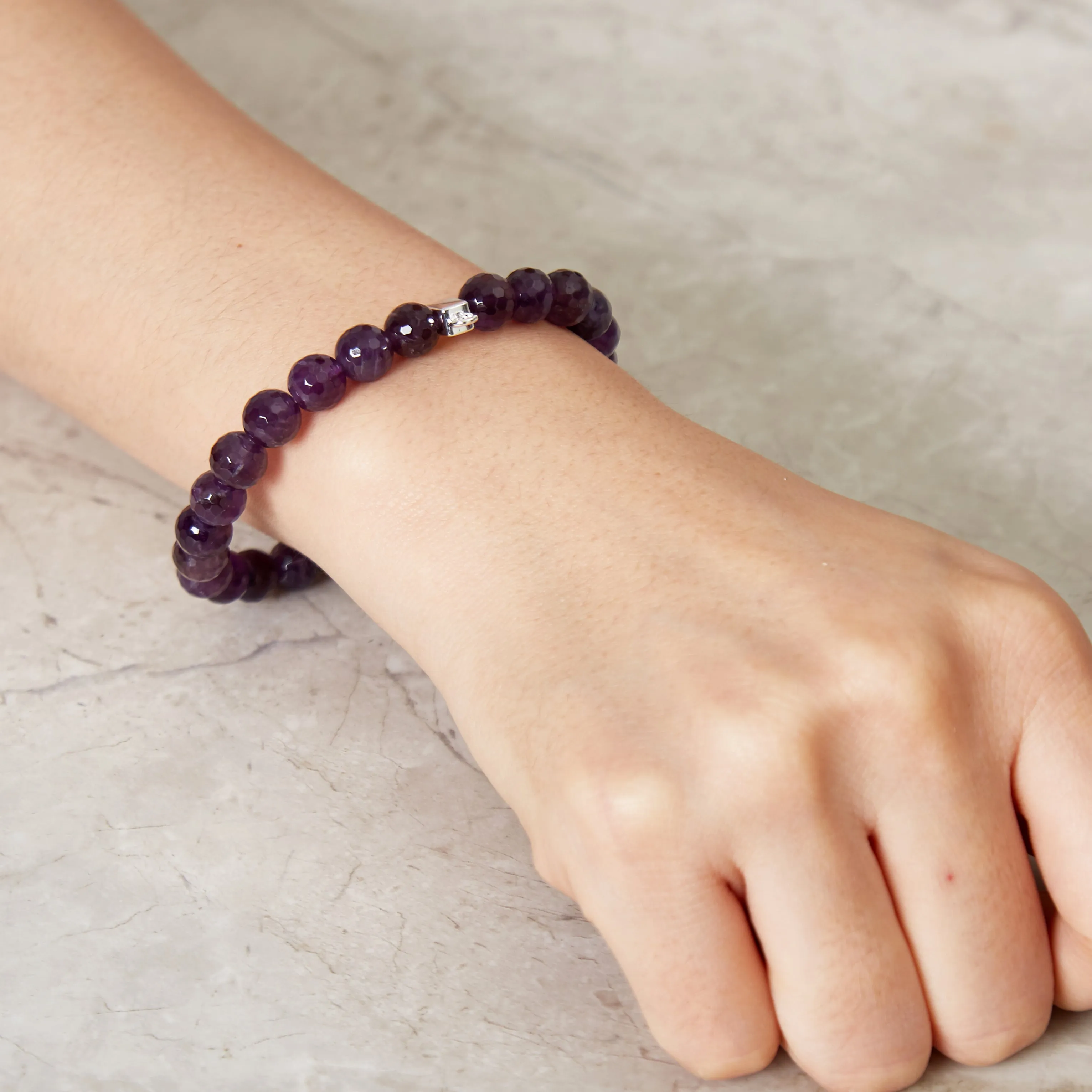 Faceted Amethyst Gemstone Charm Stretch Bracelet