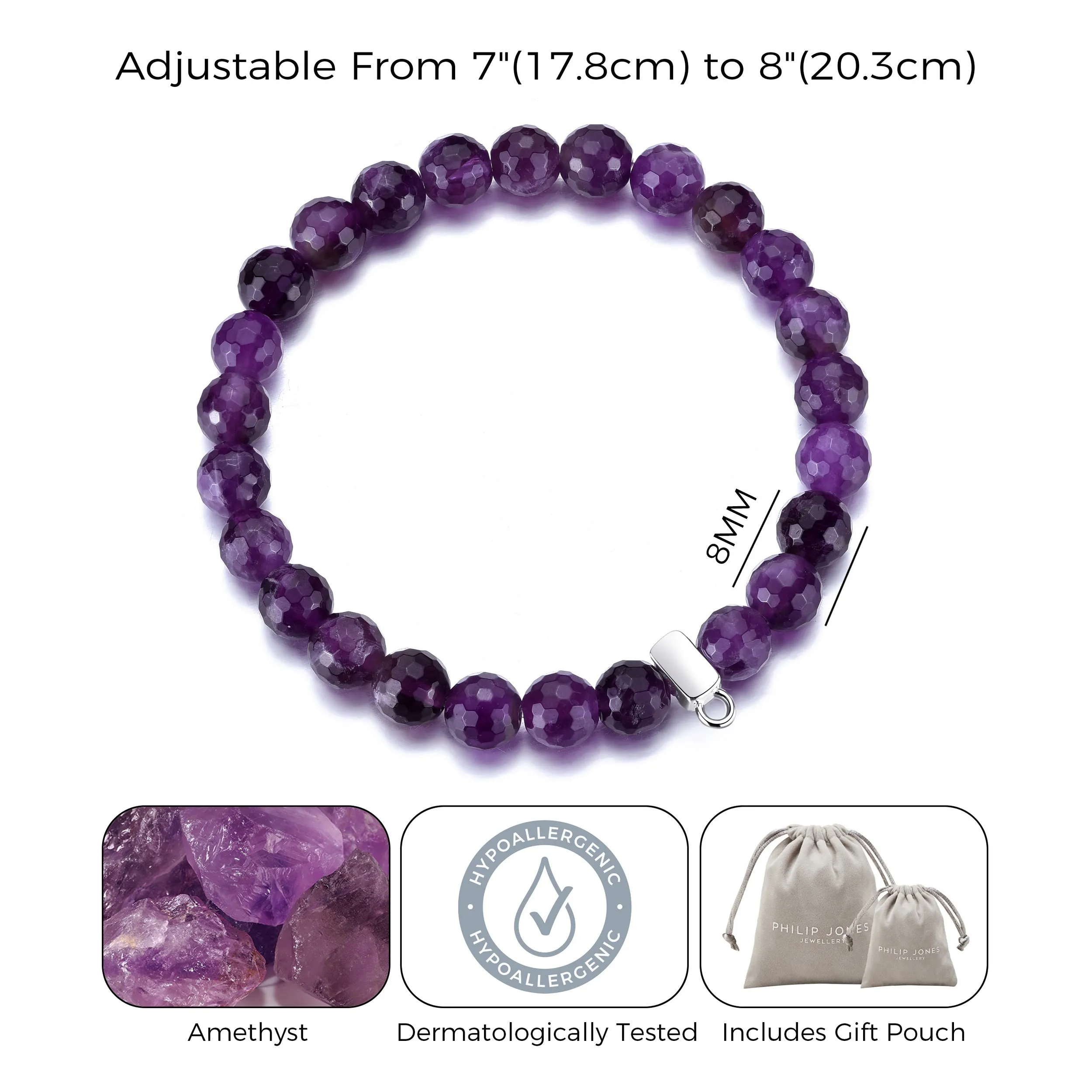Faceted Amethyst Gemstone Charm Stretch Bracelet