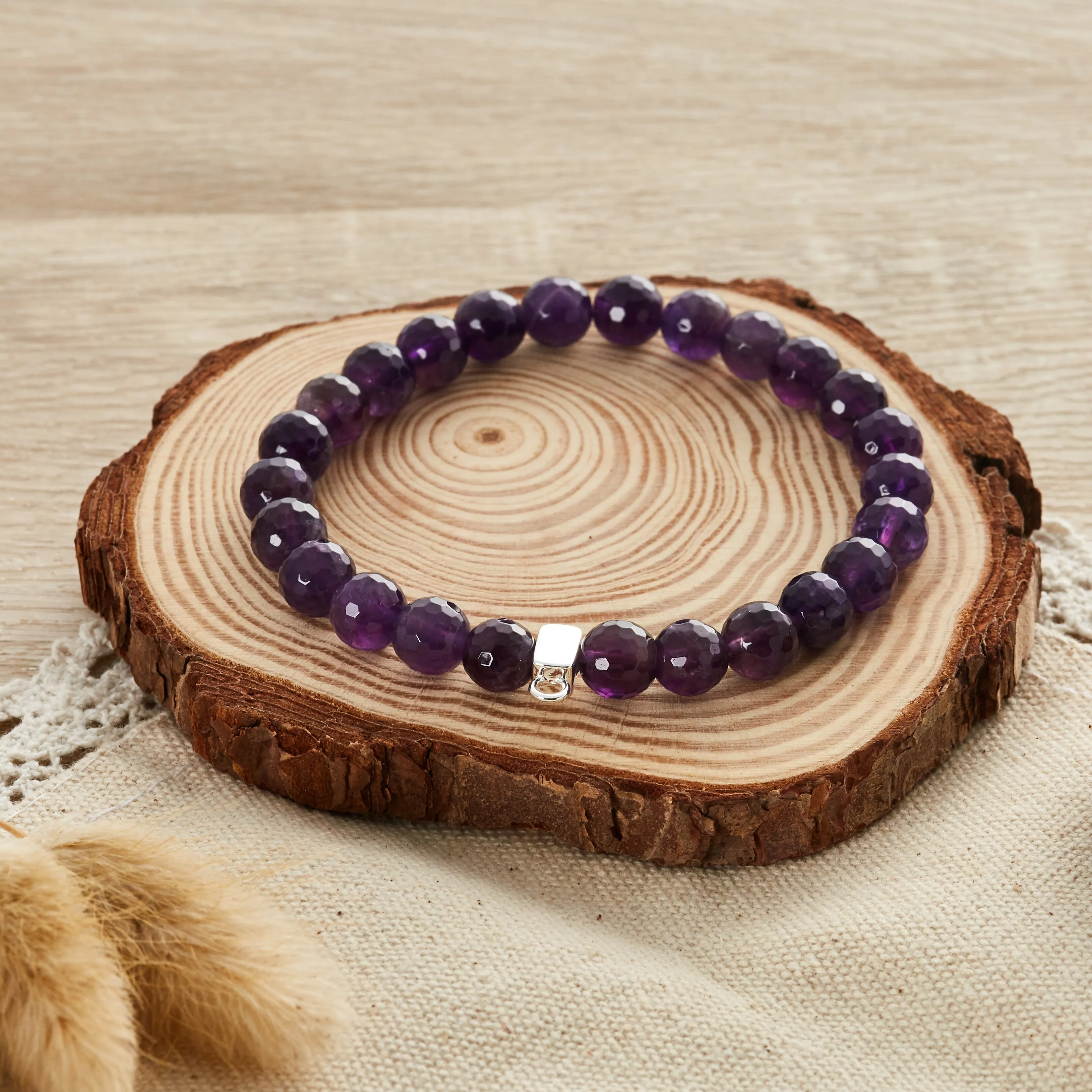 Faceted Amethyst Gemstone Charm Stretch Bracelet