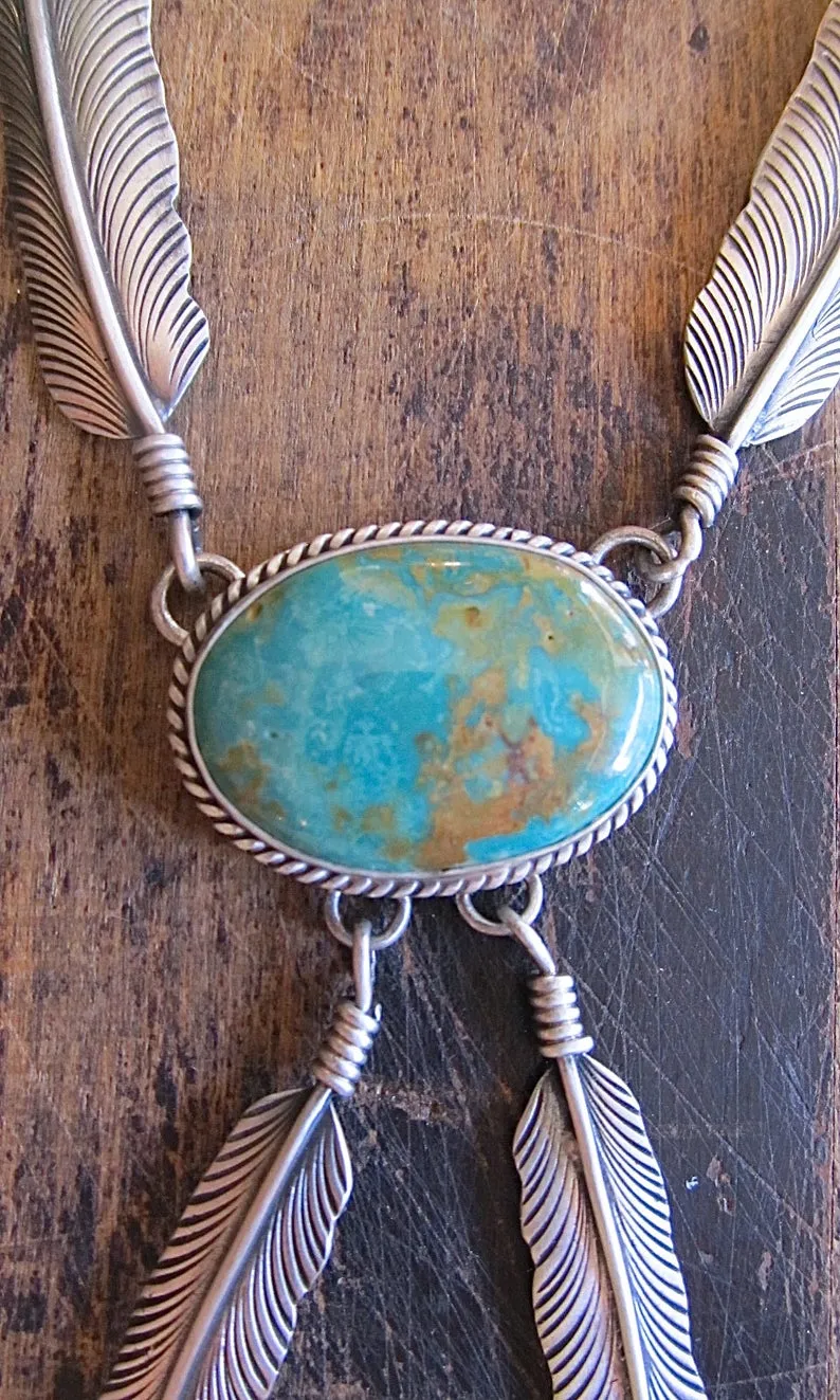 FEATHERED FREIND Navajo Silver & Royston Turquoise Necklace