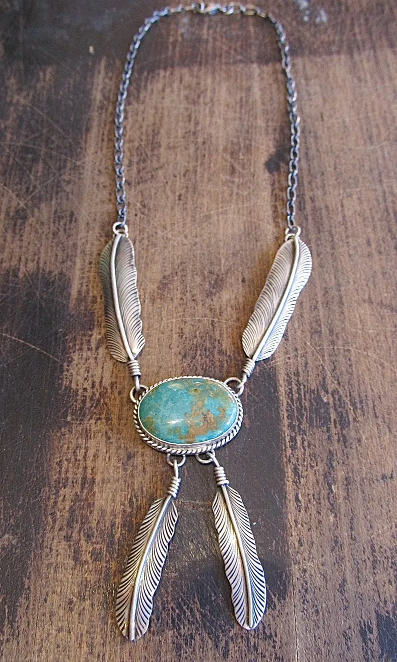 FEATHERED FREIND Navajo Silver & Royston Turquoise Necklace