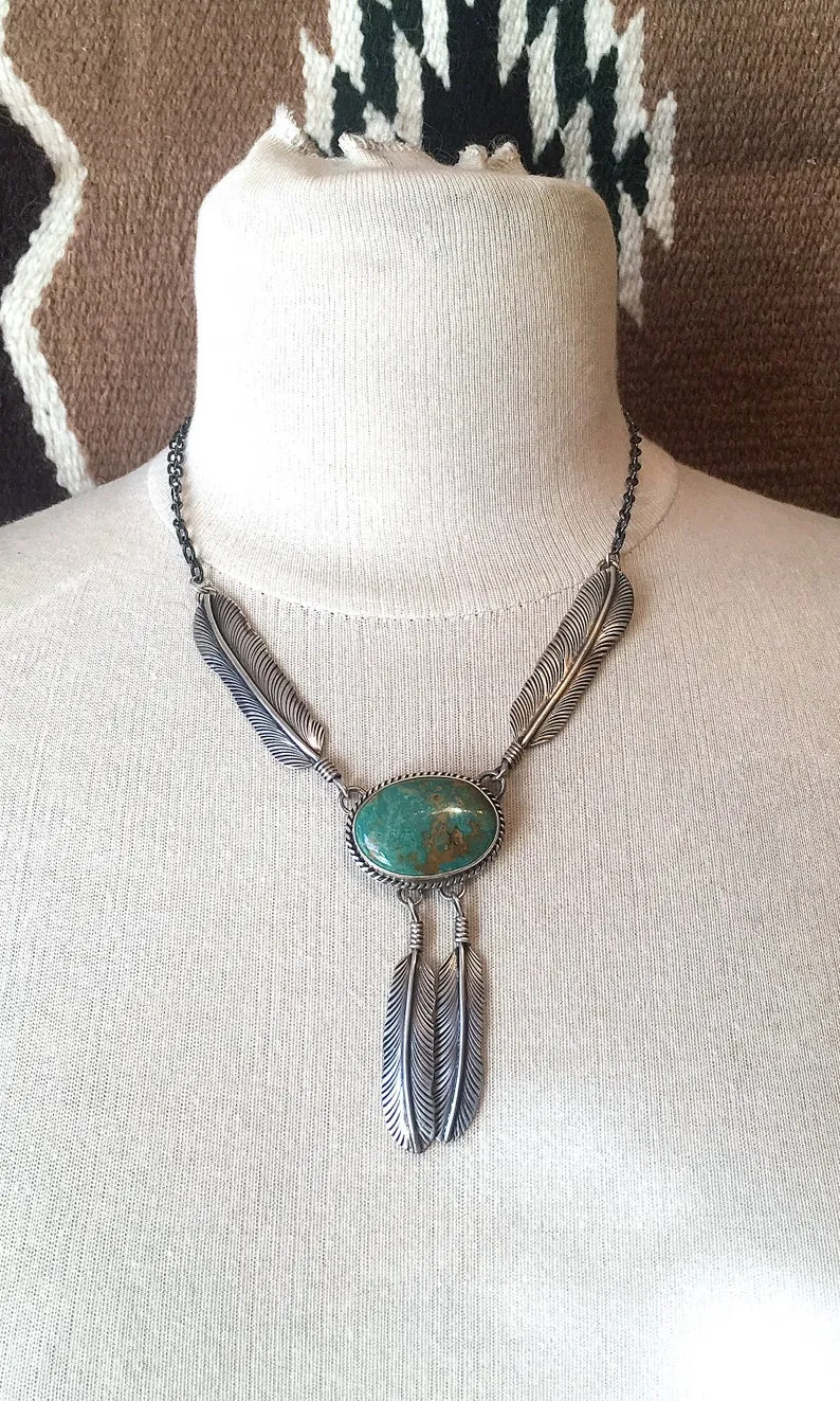 FEATHERED FREIND Navajo Silver & Royston Turquoise Necklace