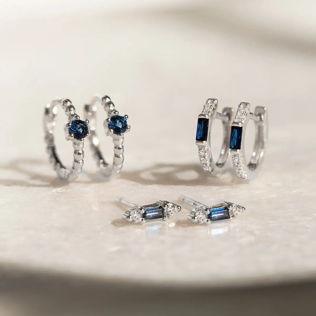 Gemstone Baguette Huggie Earrings Blue Sapphire