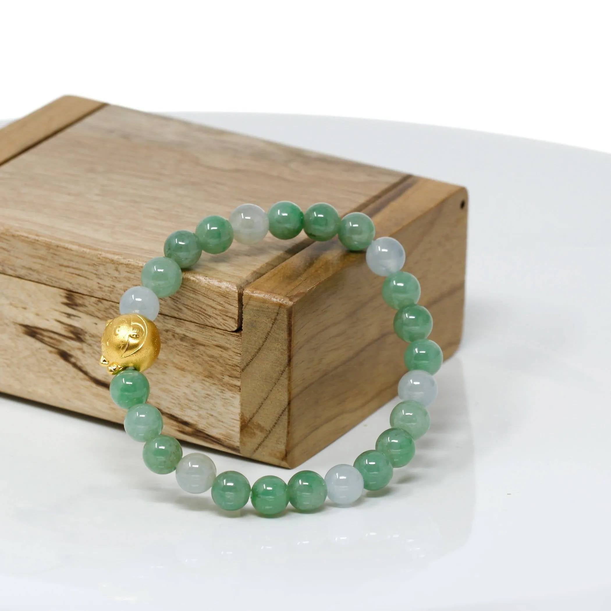 Genuine High-quality Jade Jadeite Bracelet Bangle with 24k Yellow Gold Cat Charm #414