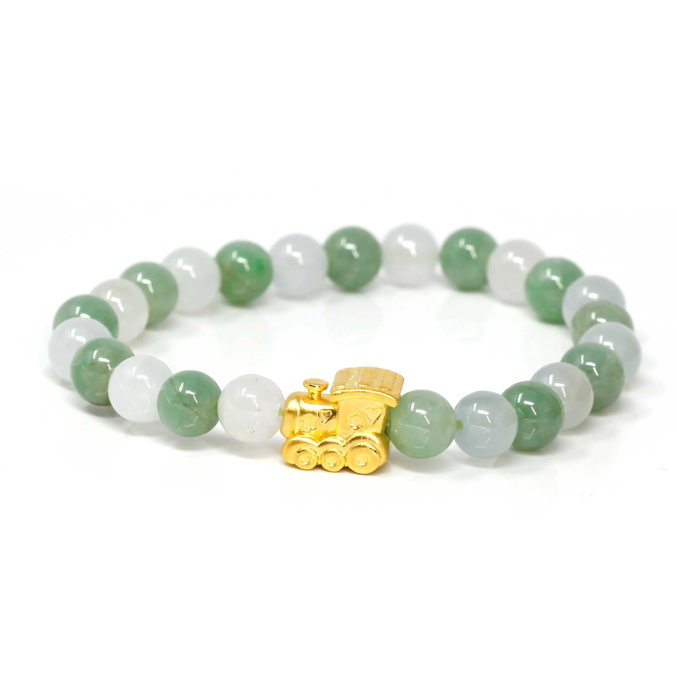 Genuine High-quality Jade Jadeite Bracelet Bangle with 24k Yellow Gold Train Engine Charm #424