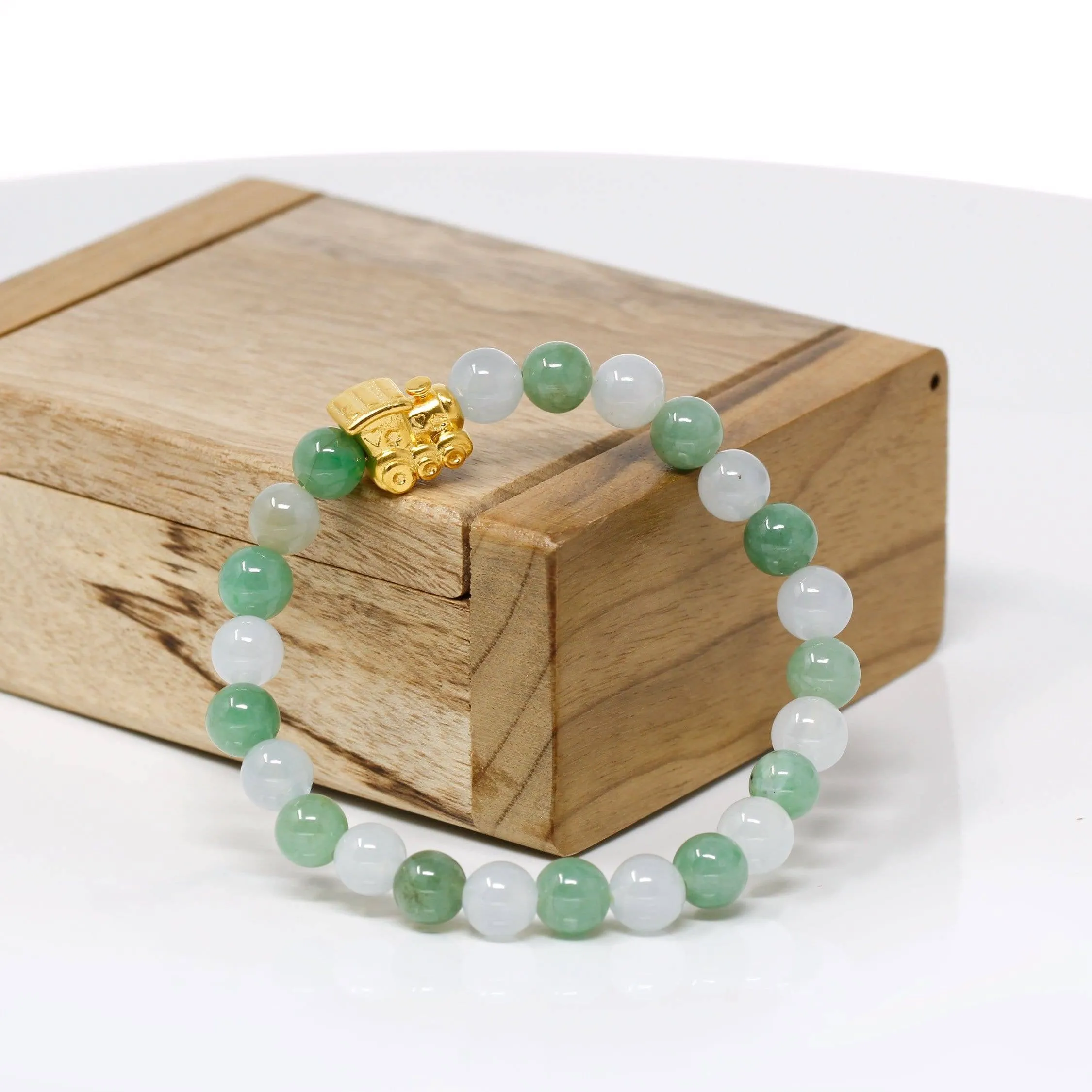Genuine High-quality Jade Jadeite Bracelet Bangle with 24k Yellow Gold Train Engine Charm #424