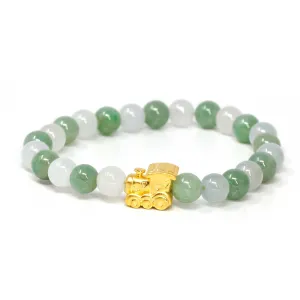 Genuine High-quality Jade Jadeite Bracelet Bangle with 24k Yellow Gold Train Engine Charm #424
