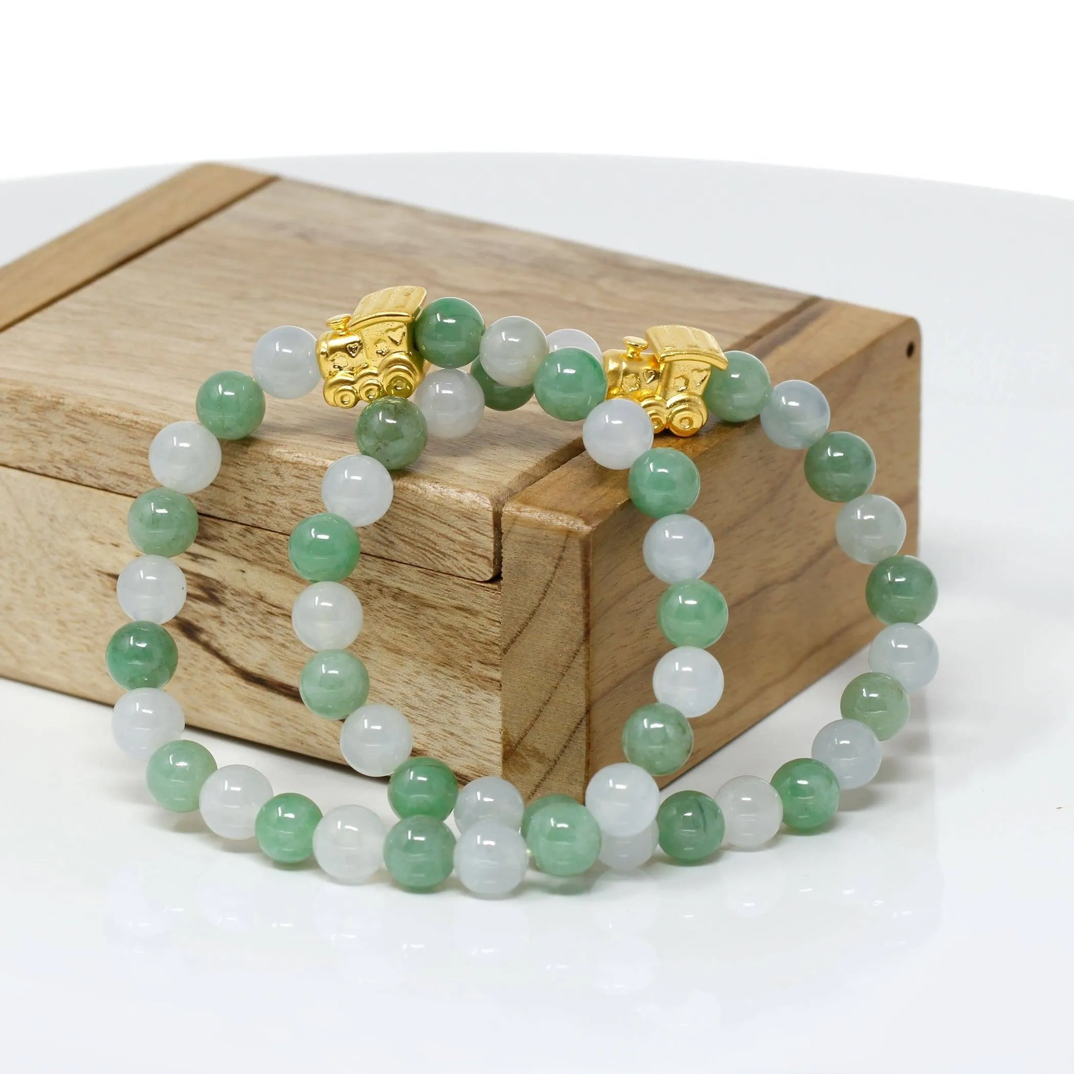 Genuine High-quality Jade Jadeite Bracelet Bangle with 24k Yellow Gold Train Engine Charm #424
