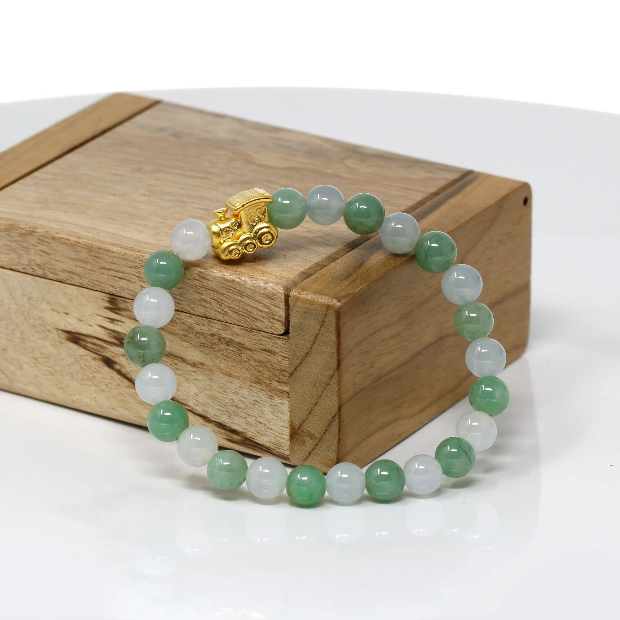 Genuine High-quality Jade Jadeite Bracelet Bangle with 24k Yellow Gold Train Engine Charm #424