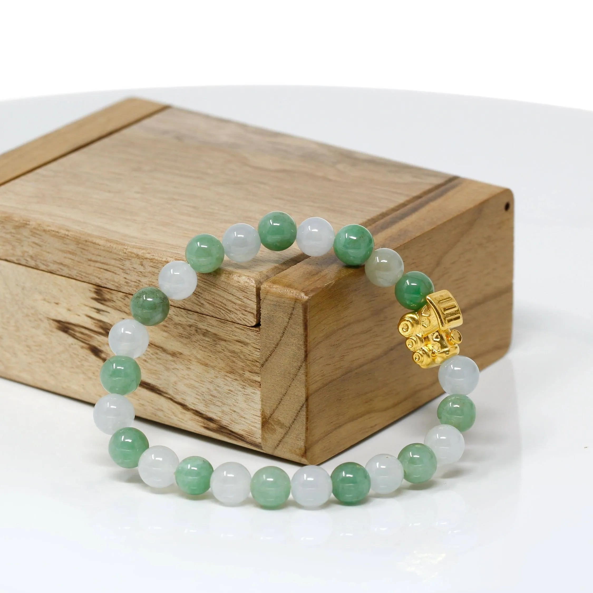 Genuine High-quality Jade Jadeite Bracelet Bangle with 24k Yellow Gold Train Engine Charm #424