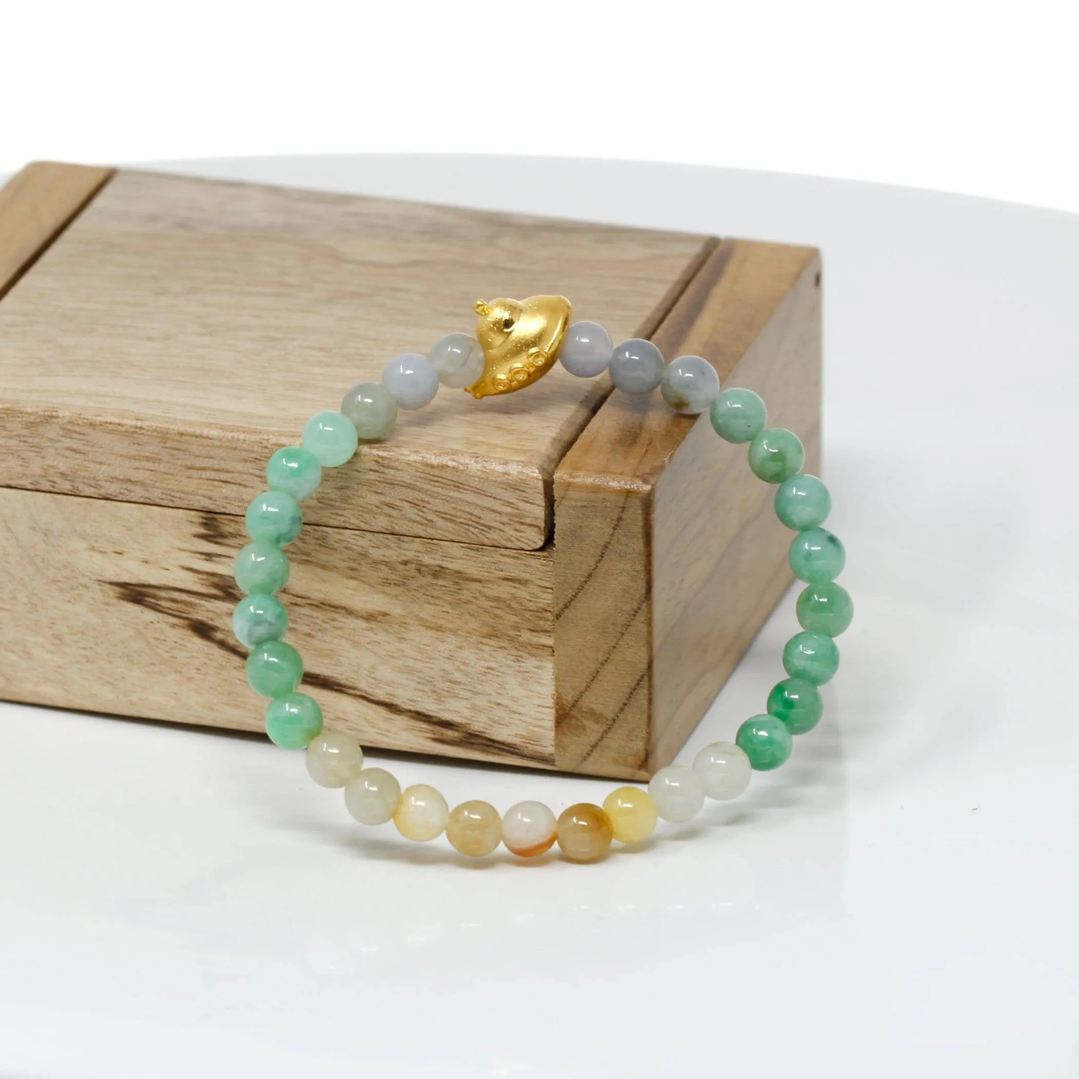 Genuine High-quality Jade Jadeite Bracelet Bangle with 24k Yellow Gold UFO Charm Colorful  #418