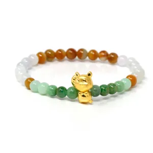 Genuine High-quality Jade Jadeite Colorful Bracelet Bangle with 24k Yellow Gold Fox Charm#406
