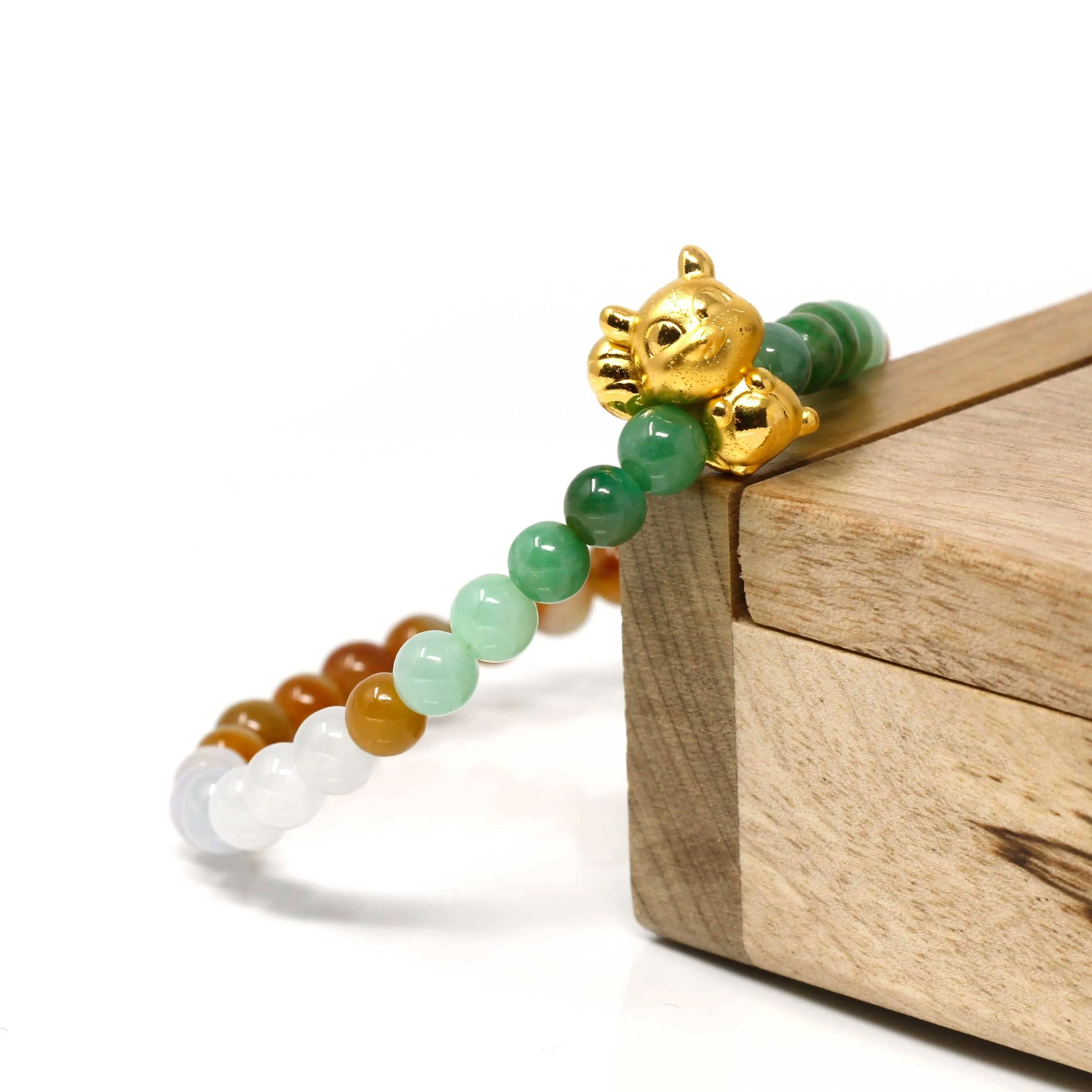Genuine High-quality Jade Jadeite Colorful Bracelet Bangle with 24k Yellow Gold Fox Charm#406
