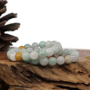 Genuine Jadeite Jade Round Multiple Colors Beads Bracelet (9.5 mm)