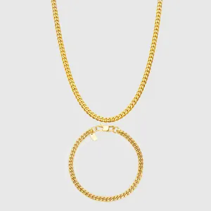 Gold Cuban Link Chain and Bracelet Set - 4 mm