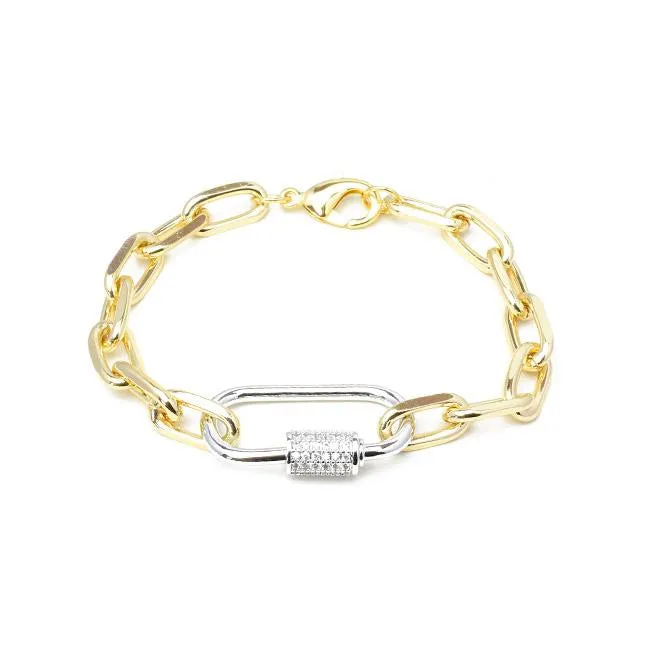 Gold Linked Chain Bracelet with Silver CZ Station
