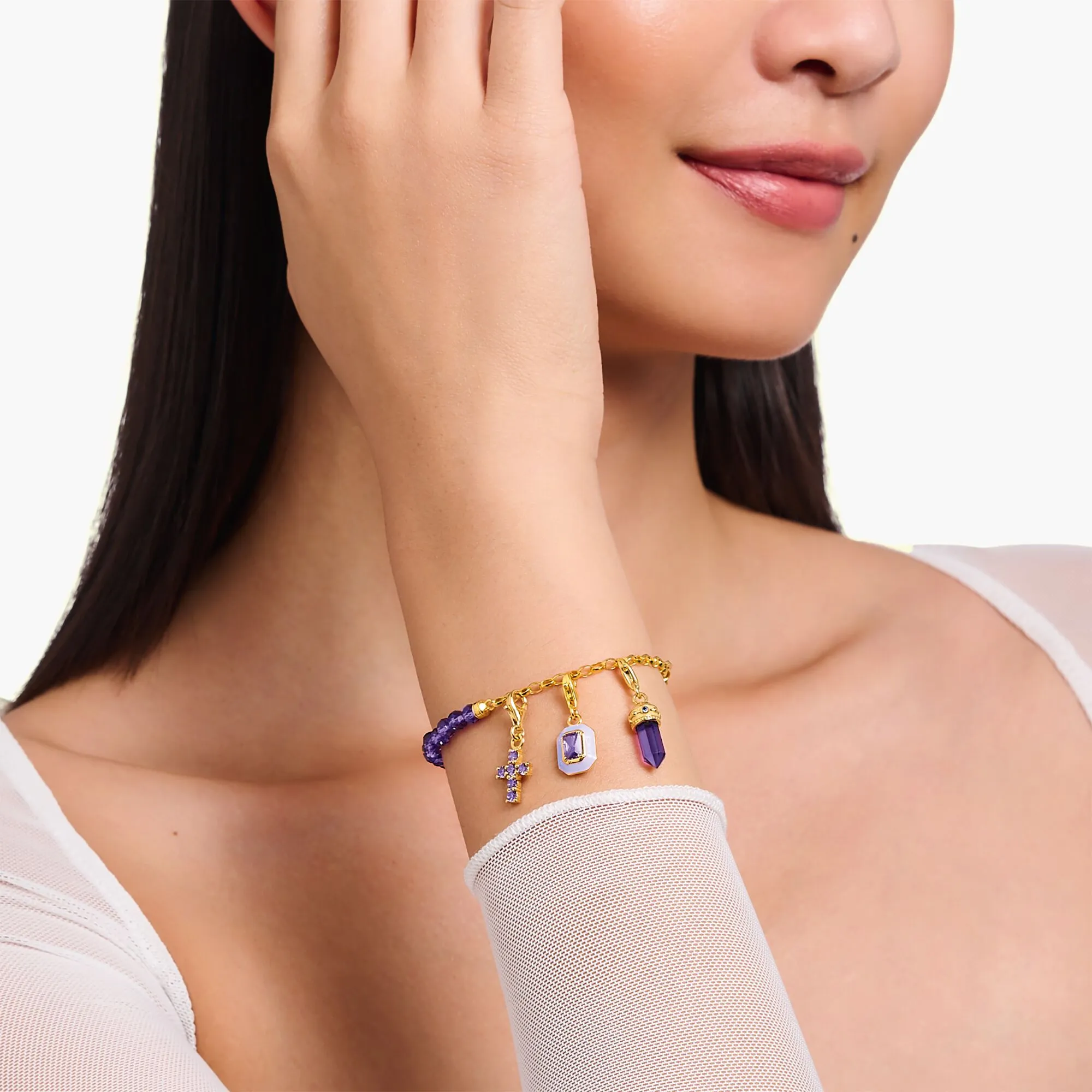 Gold Member Charm bracelet with violet beads