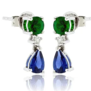 Green Tsavorite Garnet, Blue Sapphire, & Diamond Drop Earrings