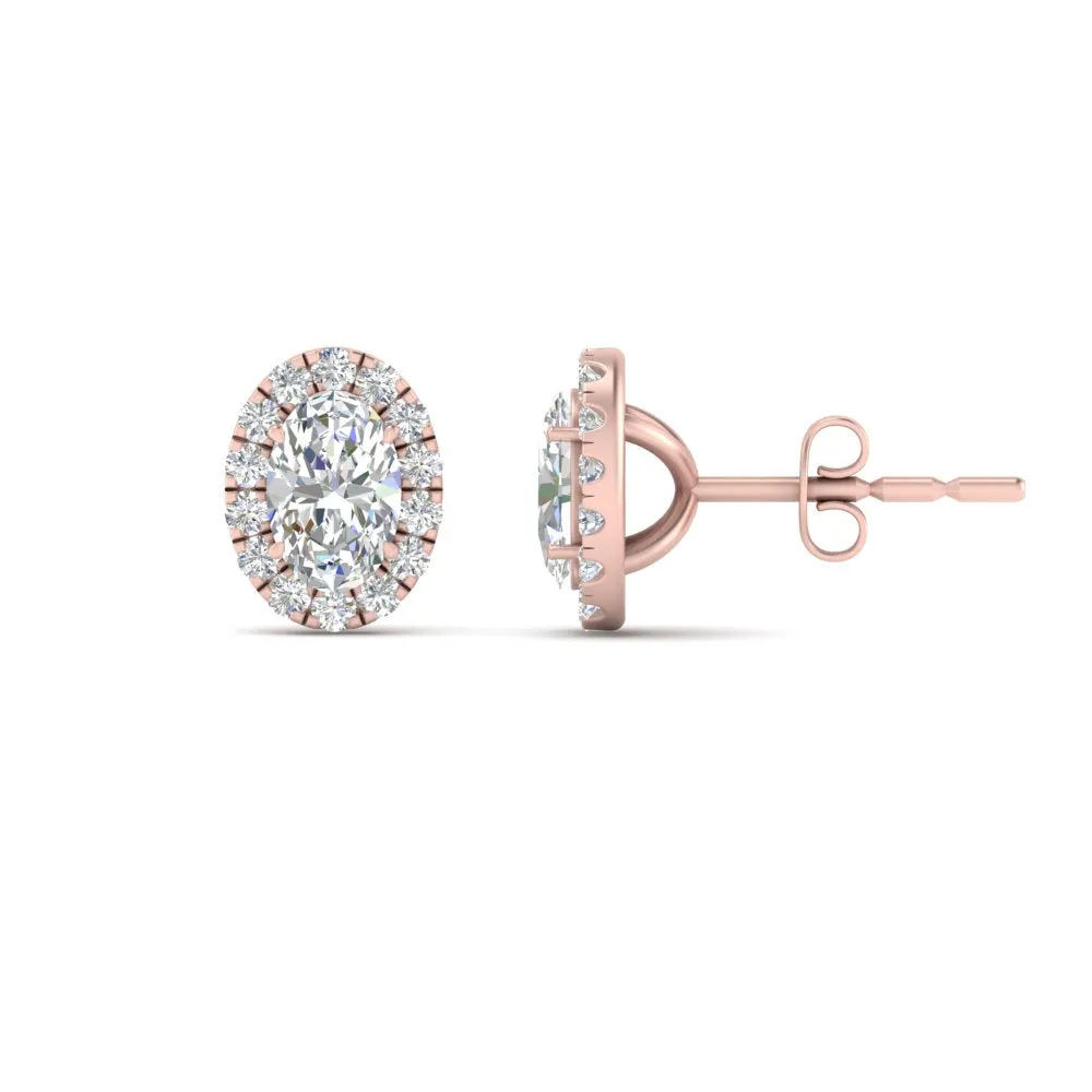 Halo Lab Diamond Oval Shape Stud Women Earring In 14K Gold
