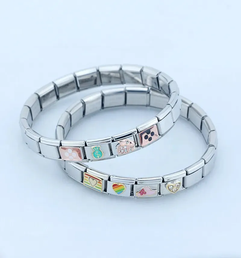 Hapiship Romantic Rainbow color Heart Flower Wing Italian Charm Links Fit 9mm Stainless Steel Bracelet Jewelry DIY Making DJ481.Free Shipping