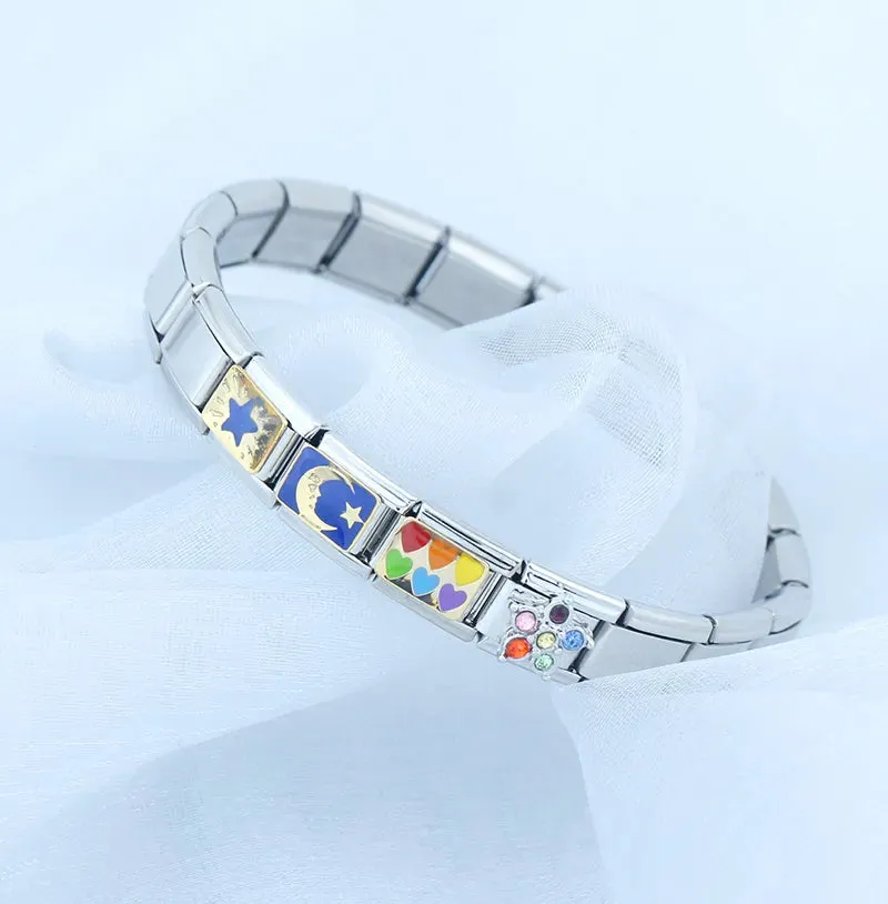 Hapiship Romantic Rainbow color Heart Flower Wing Italian Charm Links Fit 9mm Stainless Steel Bracelet Jewelry DIY Making DJ481.Free Shipping